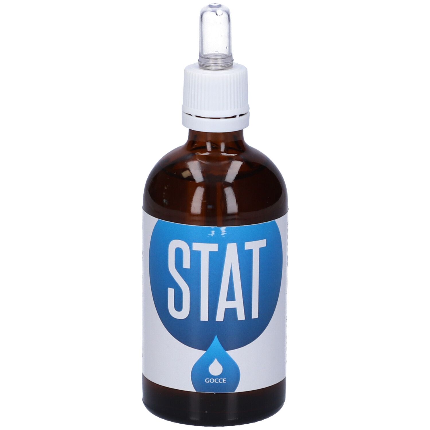 Flacone di vetro marrone con etichetta bianca e design a goccia blu. STAT e Gocce sull'etichetta. Con contagocce.