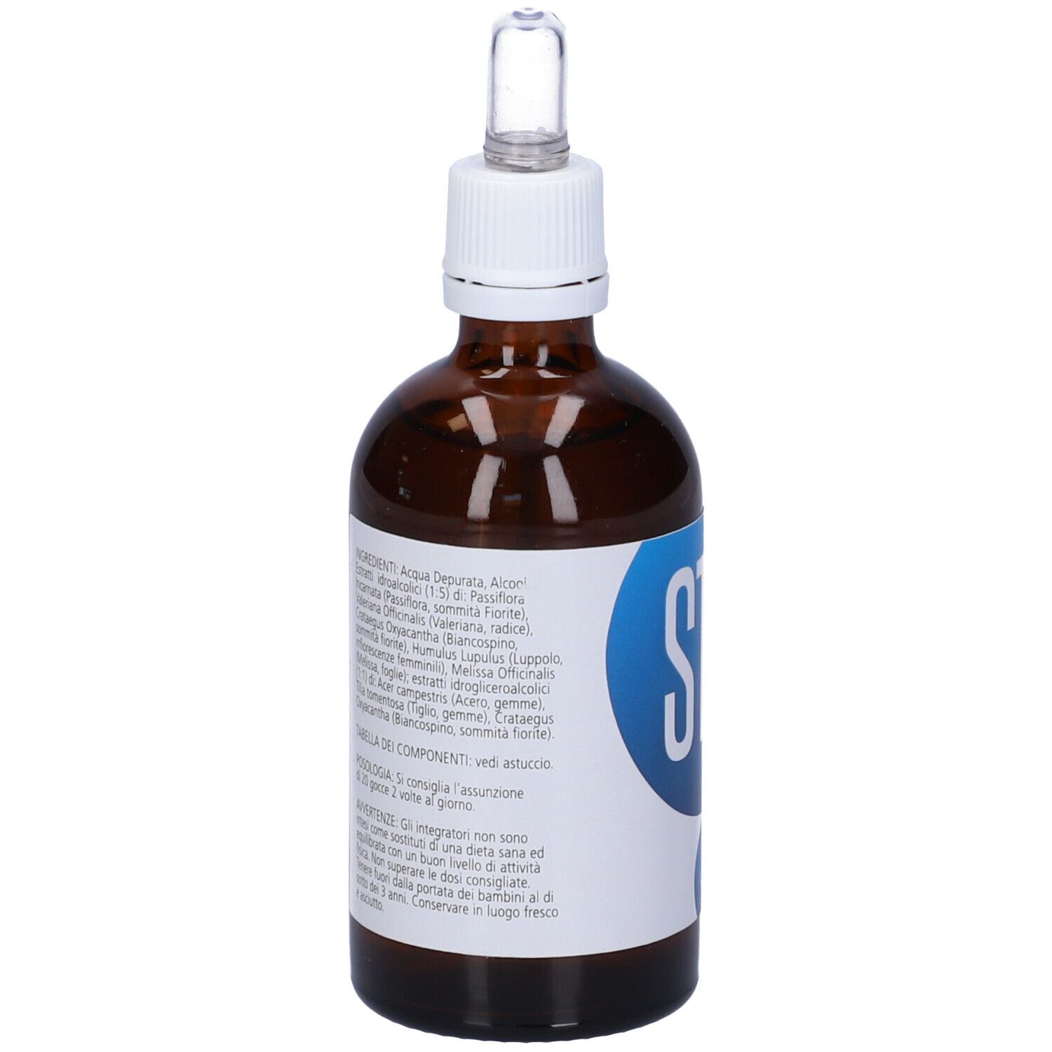 Flacone di vetro marrone con etichetta bianca. Ingredienti e informazioni sull'etichetta. Con contagocce.