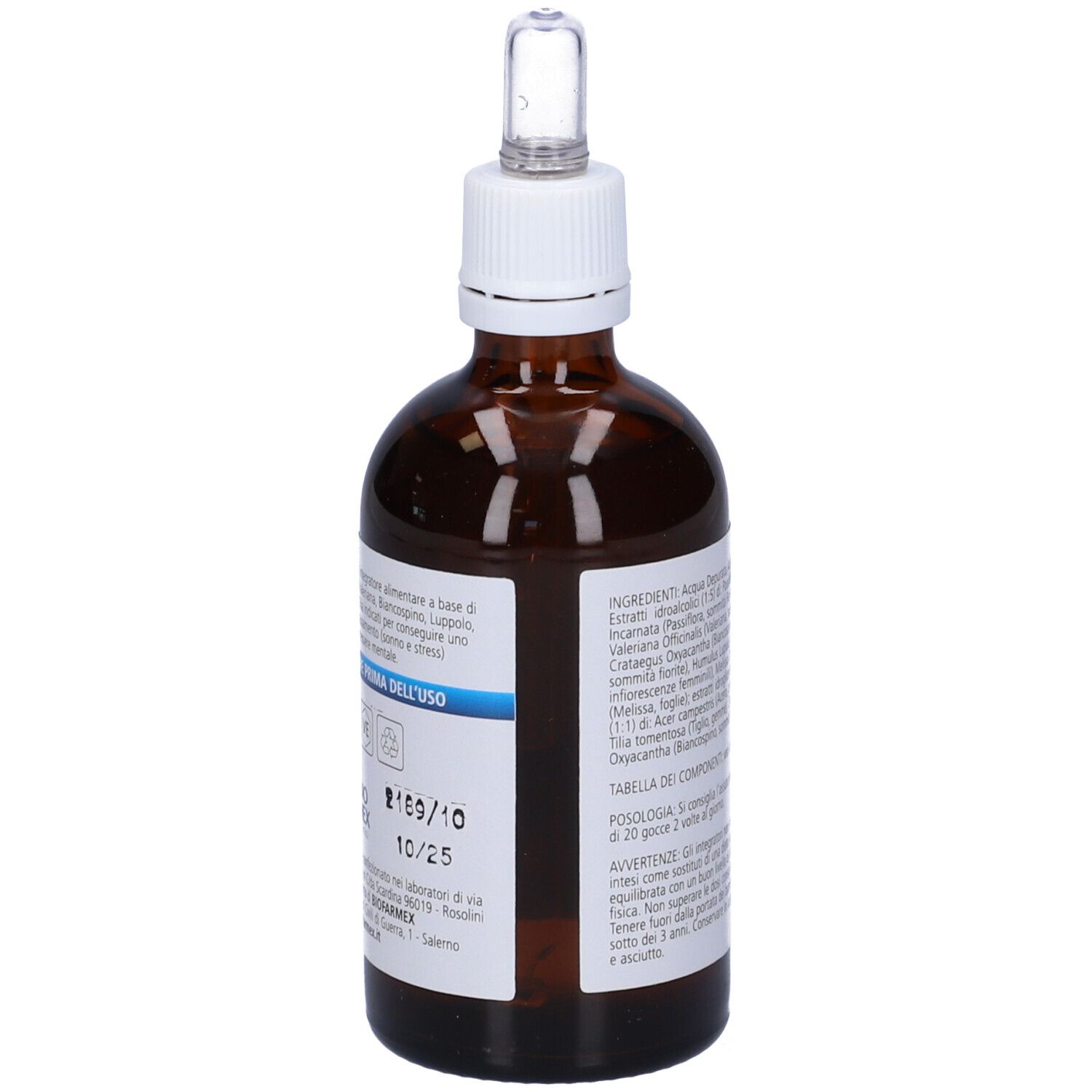 Flacone di vetro marrone con etichetta bianca. Ingredienti e informazioni sull'etichetta. Con contagocce.