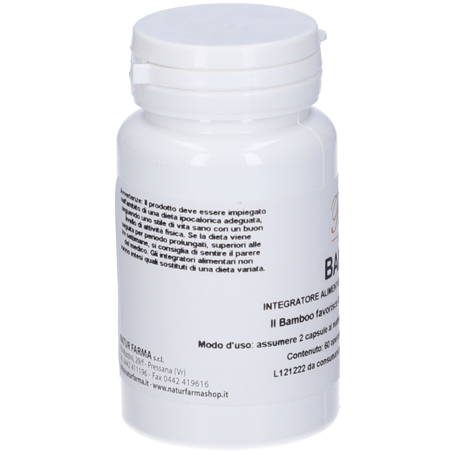 Flacone bianco con capsule. Scritta: Bamboo. Testo in italiano. Retro con testo e logo.