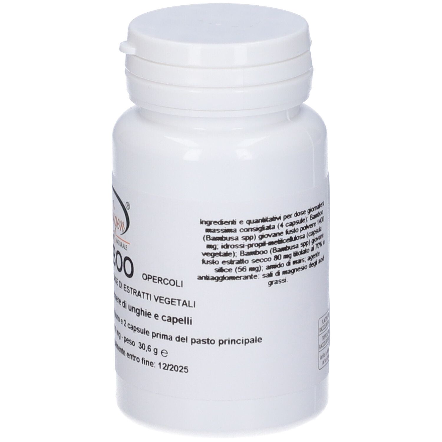 Flacone bianco con capsule. Scritta: Bamboo. Testo in italiano. Retro con testo e logo.