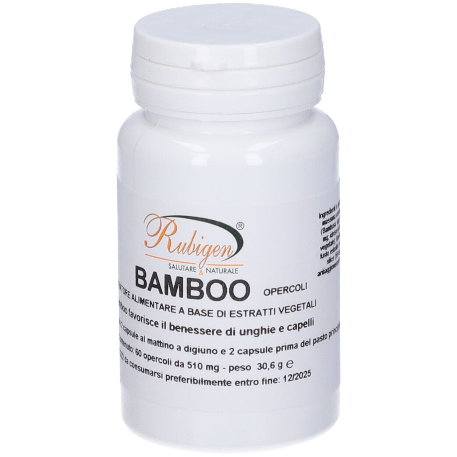 Flacone bianco con capsule. Scritta: Rubigen, Bamboo. Testo in italiano. Tappo con chiusura a scatto.