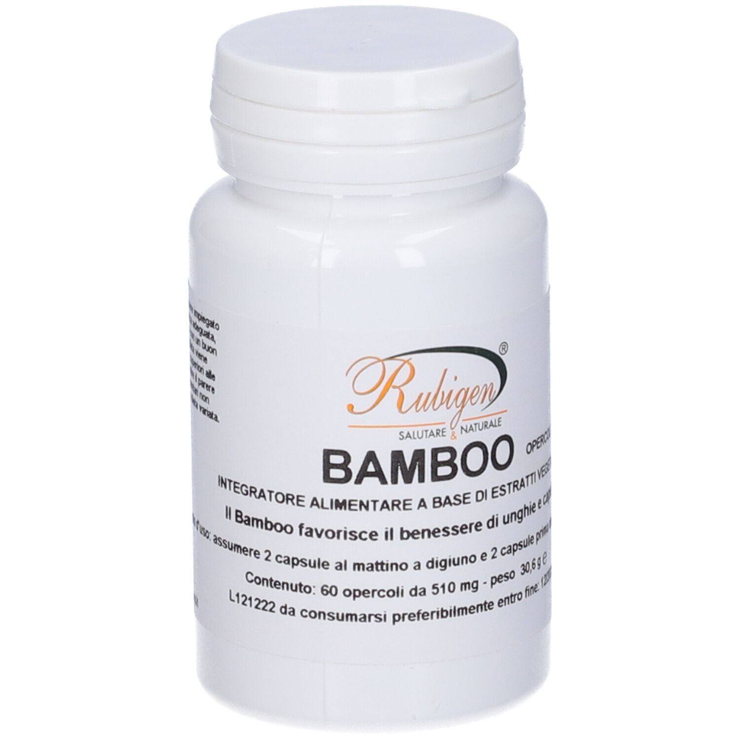 Flacone bianco con capsule. Scritta: Rubigen, Bamboo. Testo in italiano. Tappo con chiusura a scatto.