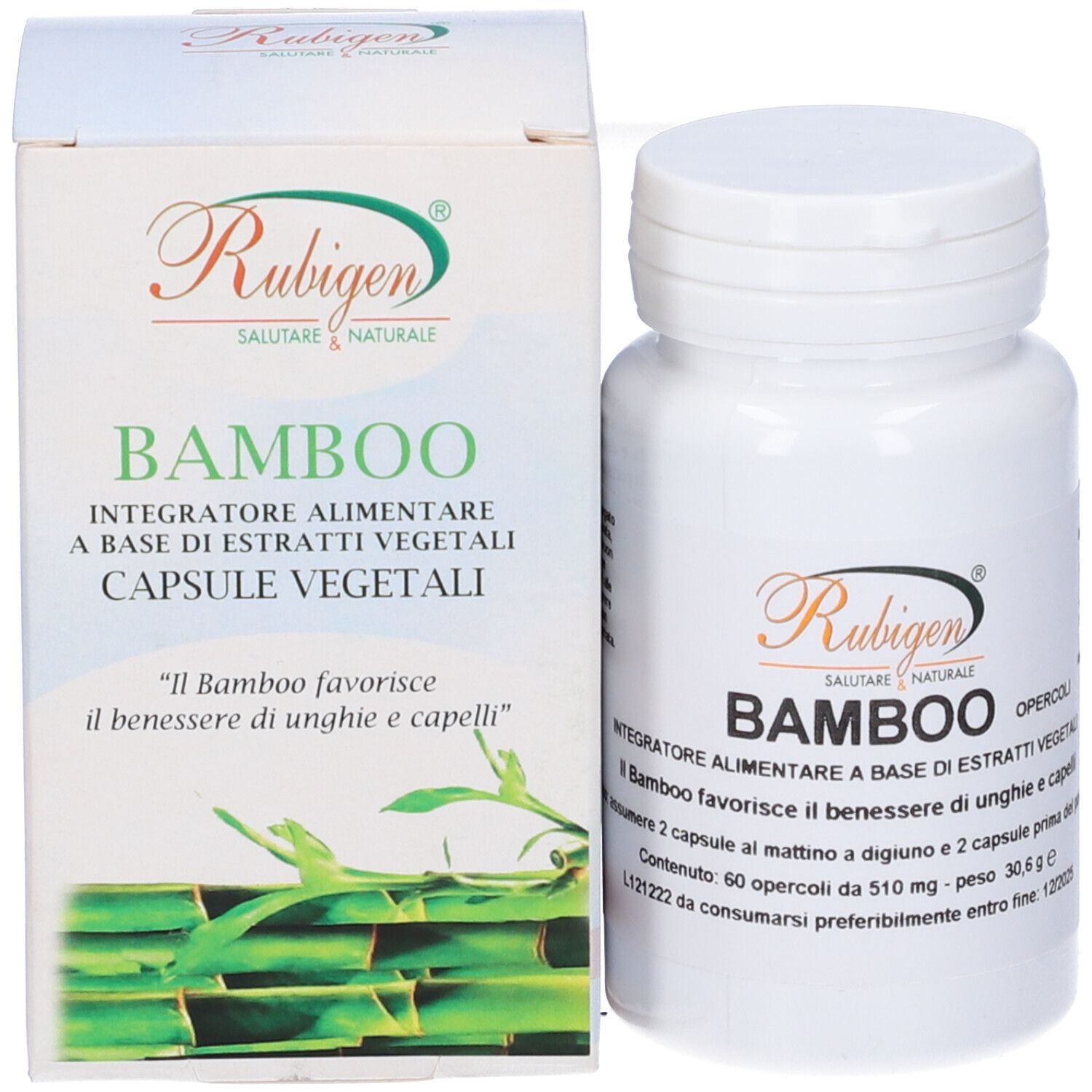 Confezione del prodotto con flacone e scatola. Scritta: Rubigen, Bamboo. Testo in italiano. Foglie verdi.