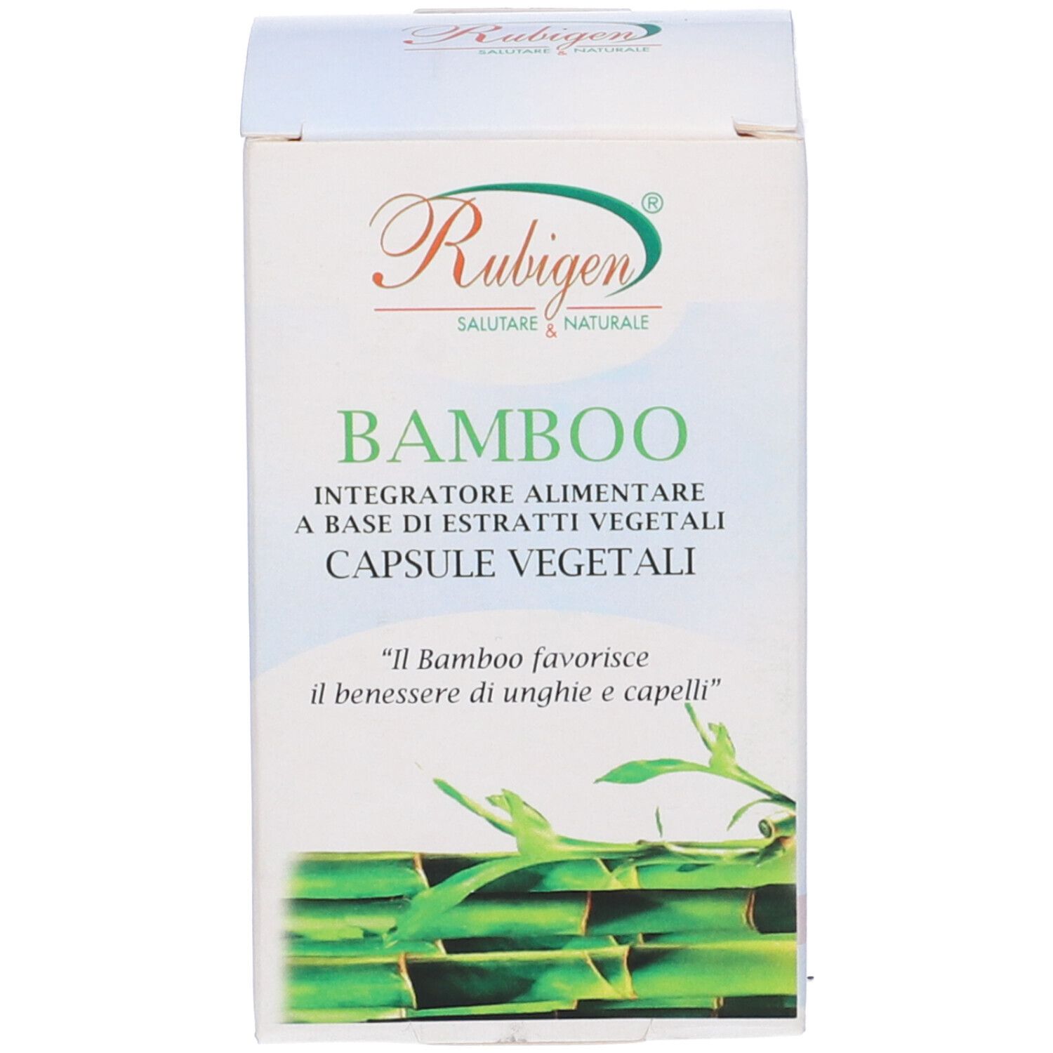 Confezione in cartone. Scritta: Rubigen, Bamboo. Testo in italiano. Foglie verdi.