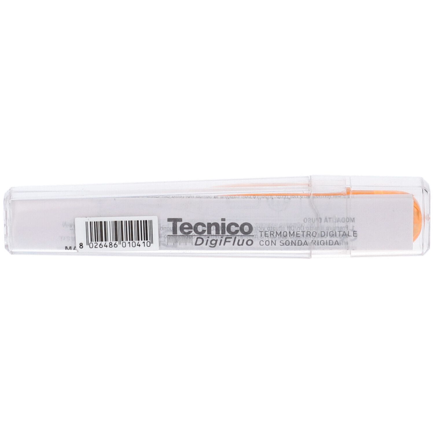 Confezione con termometro digitale. Codice a barre e testo "Tecnico DigiFluo Termometro Digitale" visibili.