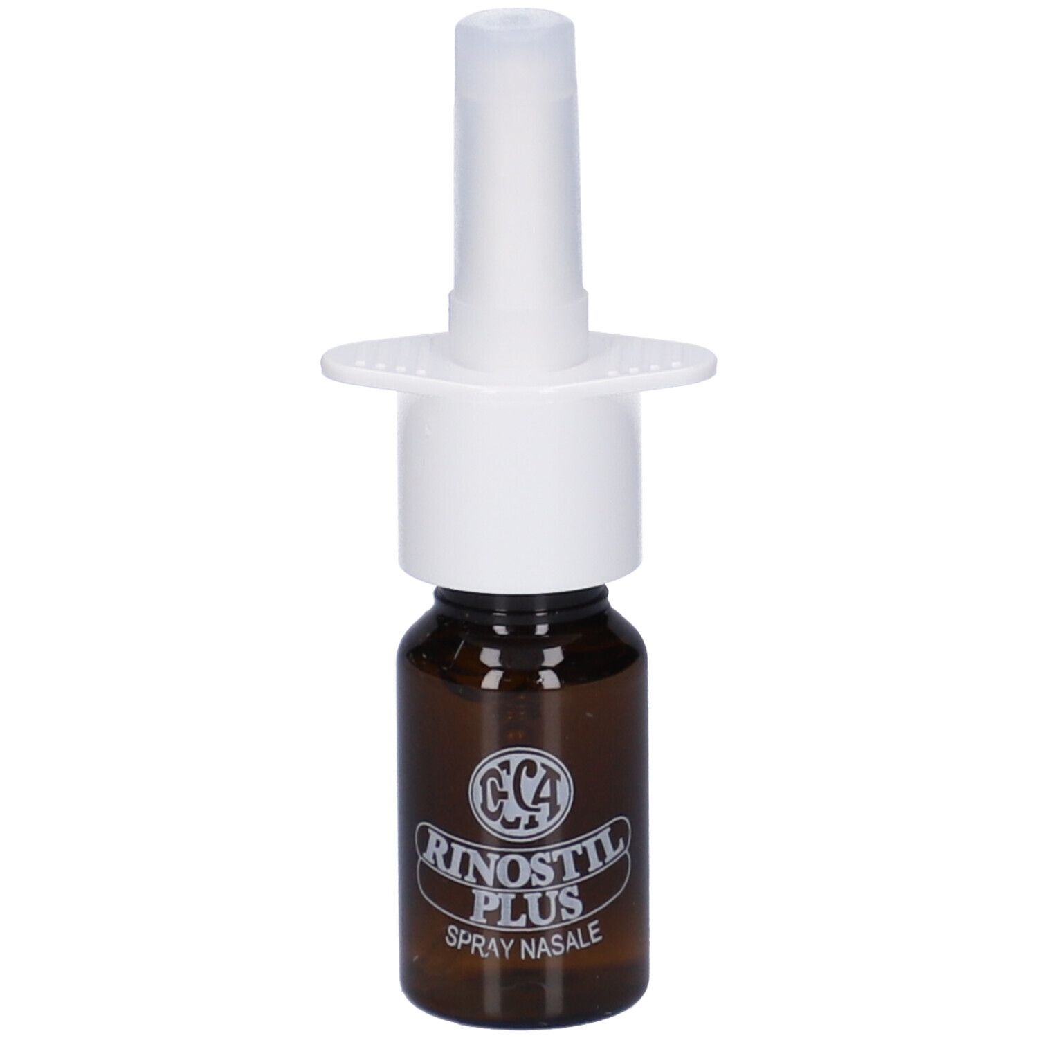 Flacone marrone con erogatore bianco. Logo Rinostil Plus. Spray Nasale.