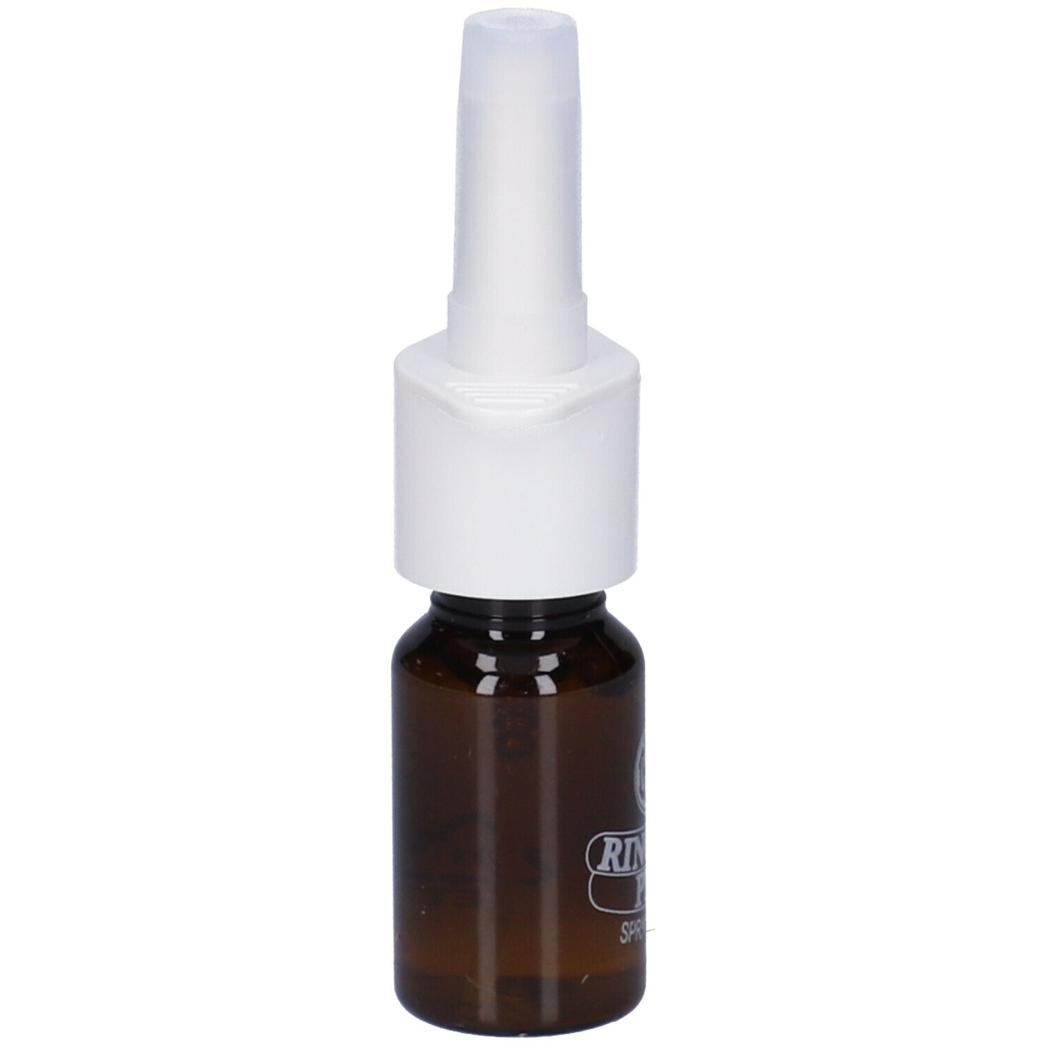Flacone marrone con erogatore bianco. Logo Rinostil Plus. Spray Nasale.
