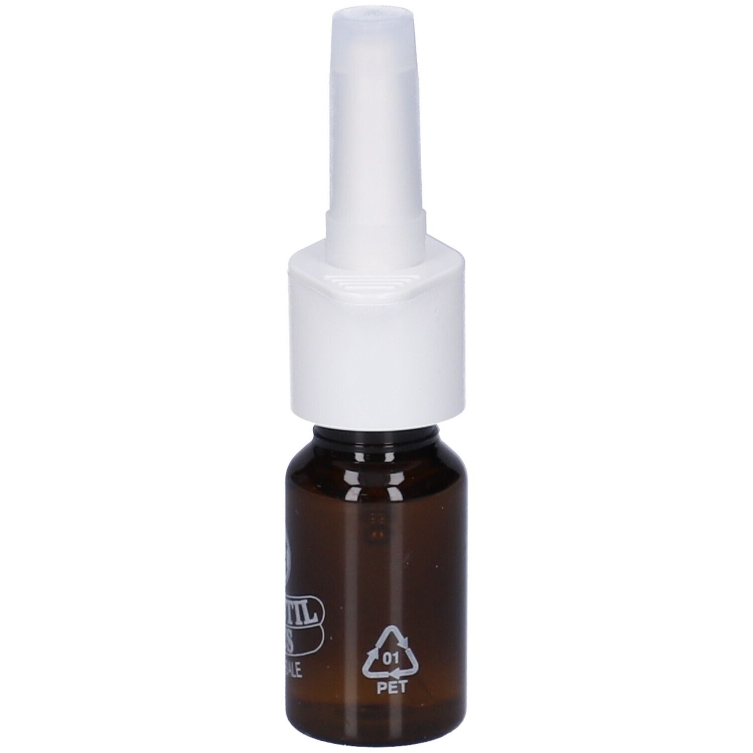 Flacone marrone con erogatore bianco. Logo Rinostil Plus. Spray Nasale. Simbolo PET.