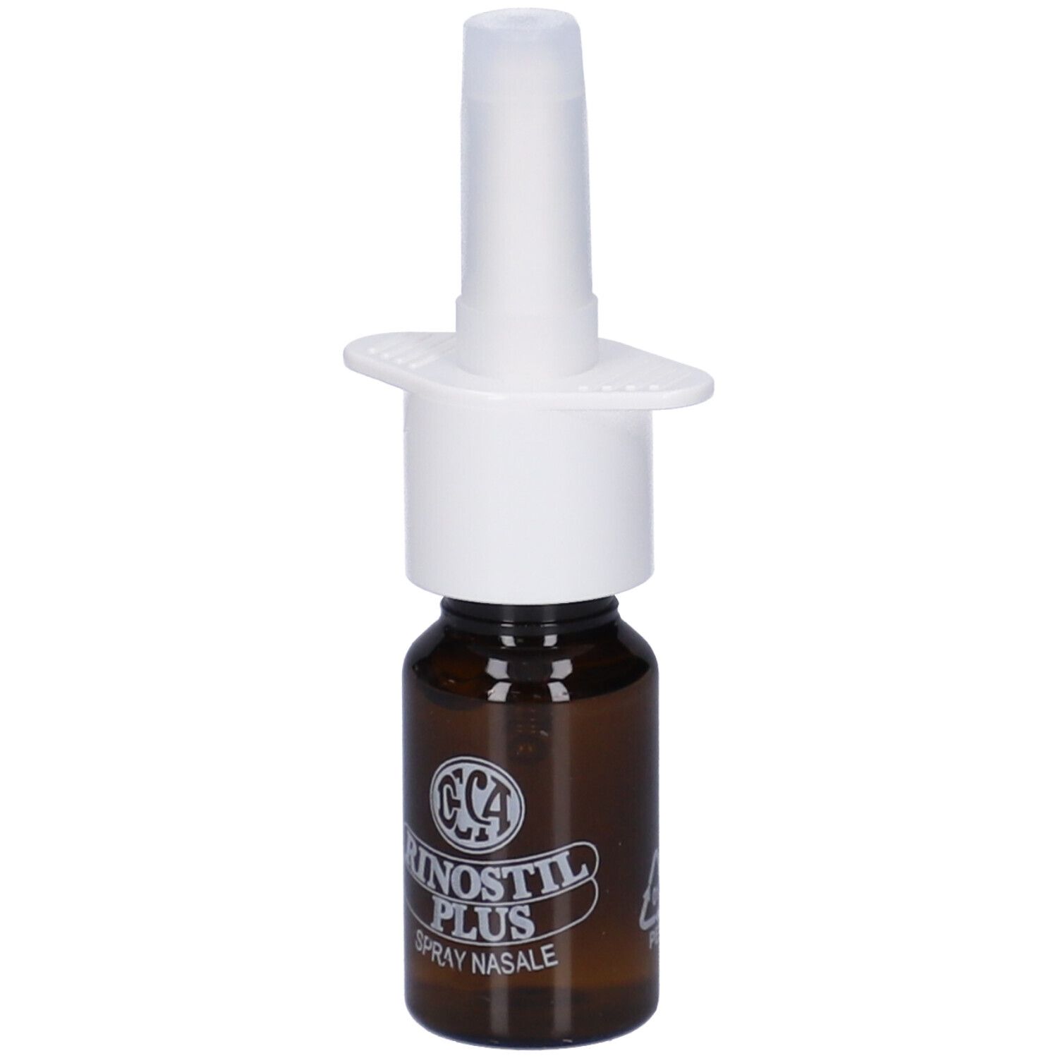 Flacone marrone con erogatore bianco. Logo Rinostil Plus. Spray Nasale.