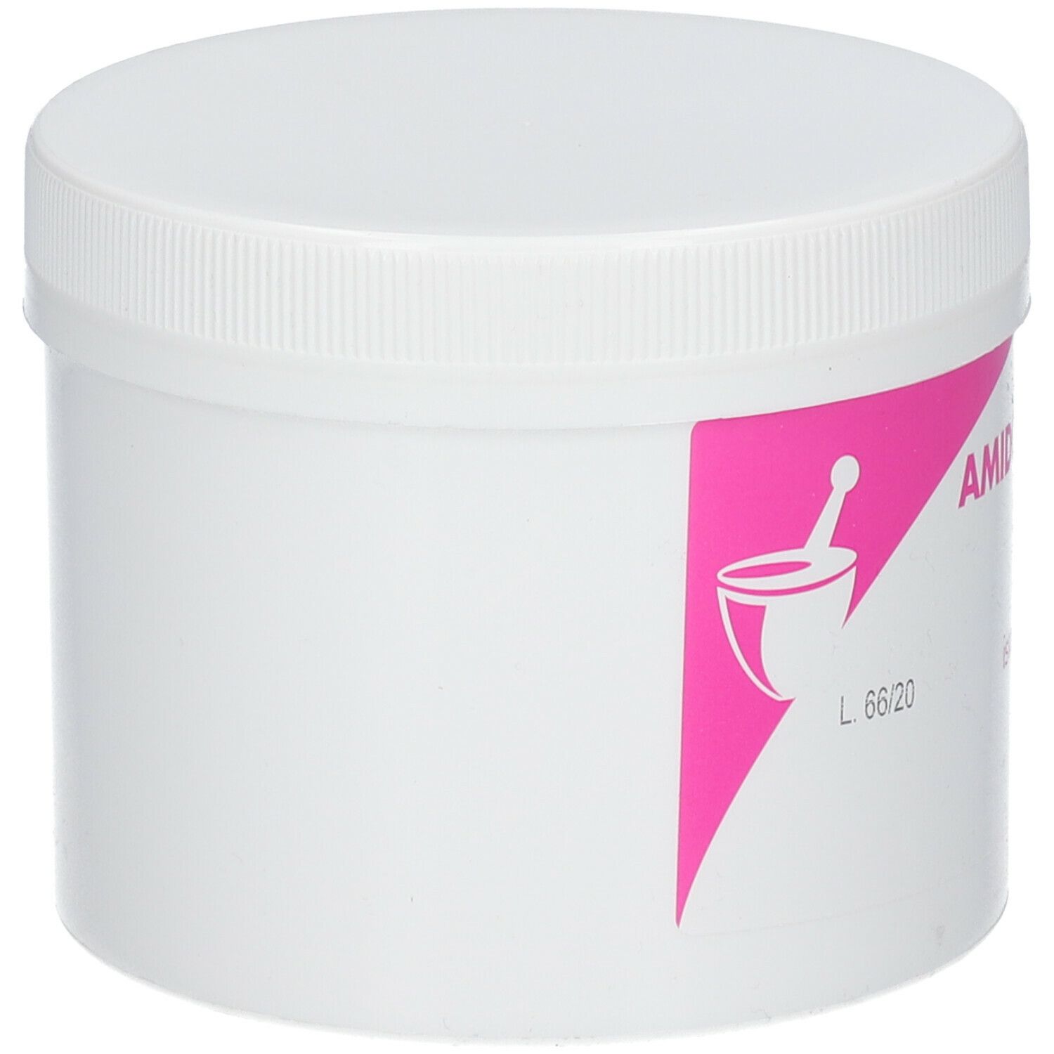 Contenitore bianco con etichetta rosa. Logo: Mortaio. Scritta: L 66/20. Parzialmente visibile: AMIDO PER...