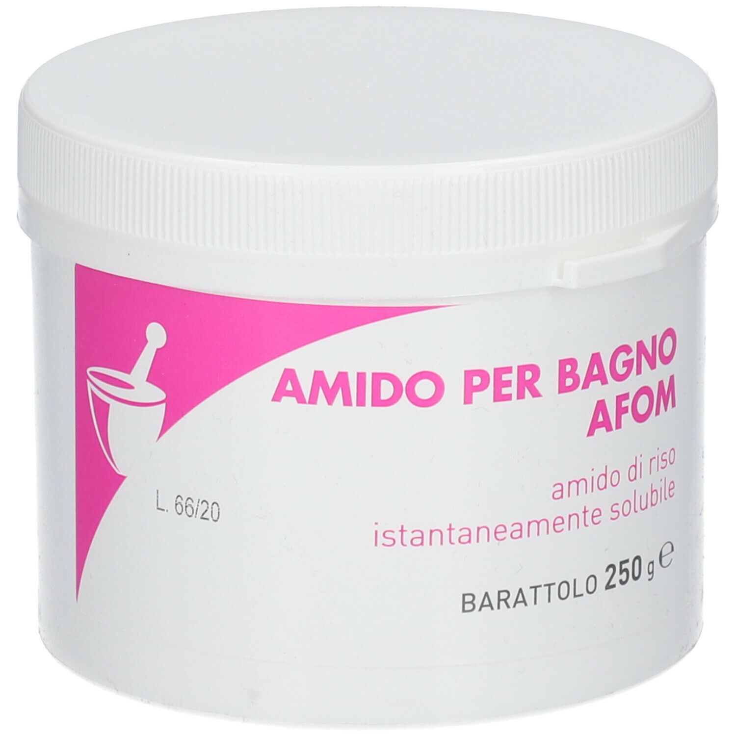 Contenitore bianco con etichetta rosa. Scritta: AMIDO PER BAGNO AFOM, amido di riso, instantaneamente solubile. Barattolo 250 g.