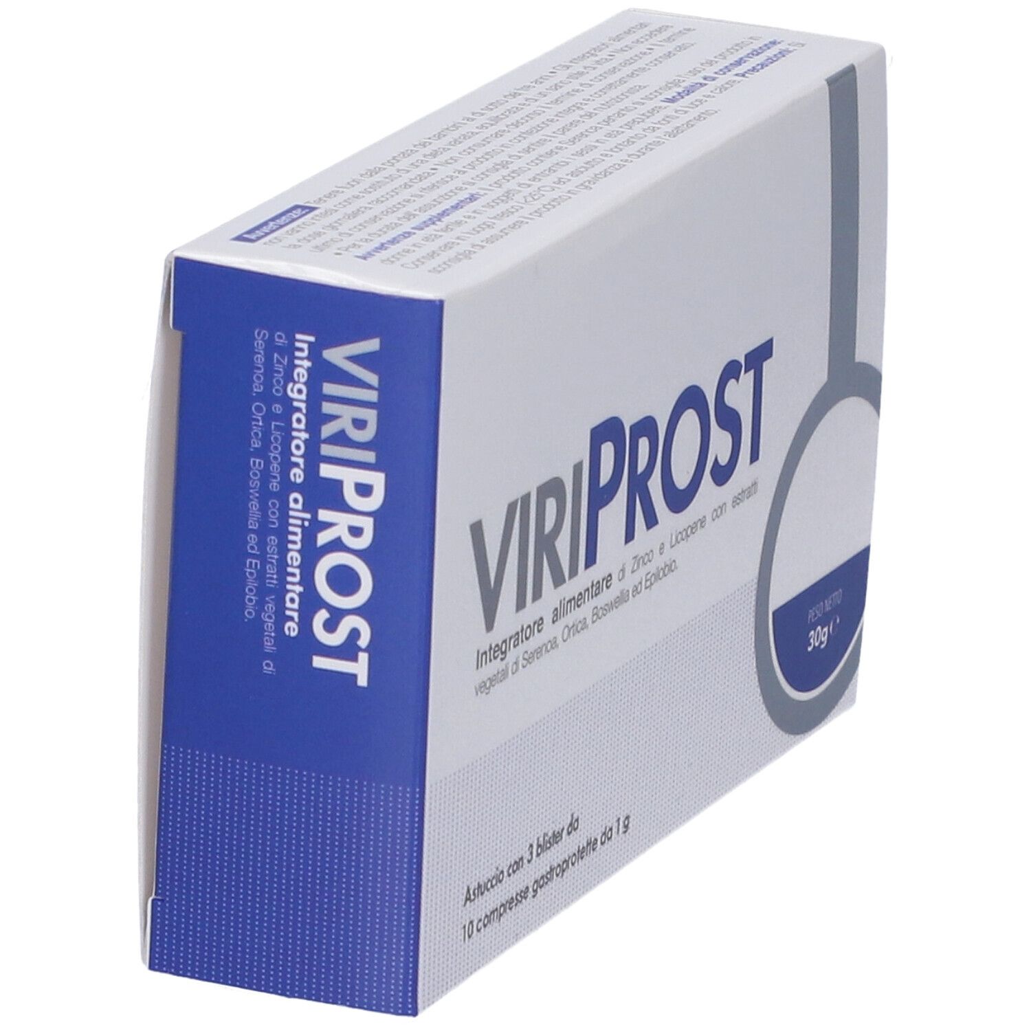 Confezione ViriProst angolata. Scatola bianca con logo e testo blu. Contiene 3 blister di compresse.
