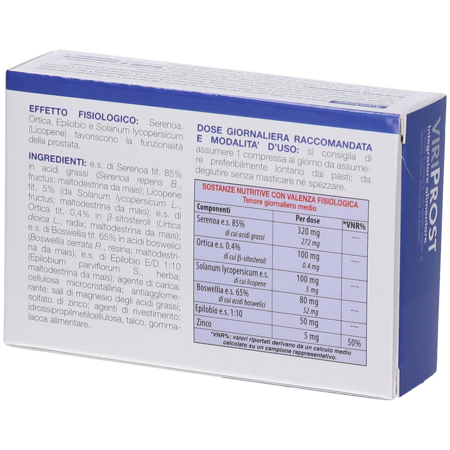 Retro confezione ViriProst. Contiene informazioni su ingredienti e dosaggio in italiano.