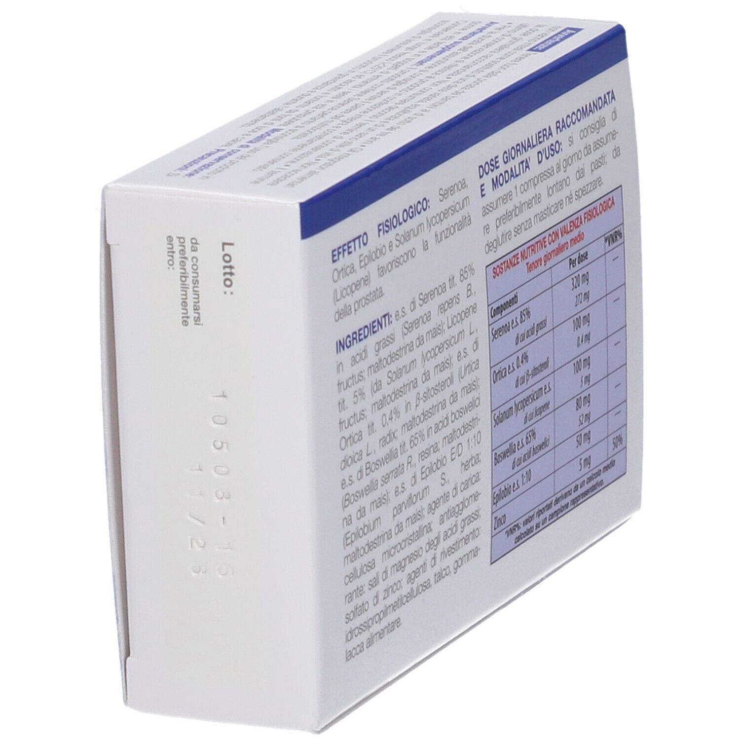 Retro confezione ViriProst. Informazioni su ingredienti e dosaggio. Numero di lotto visibile.