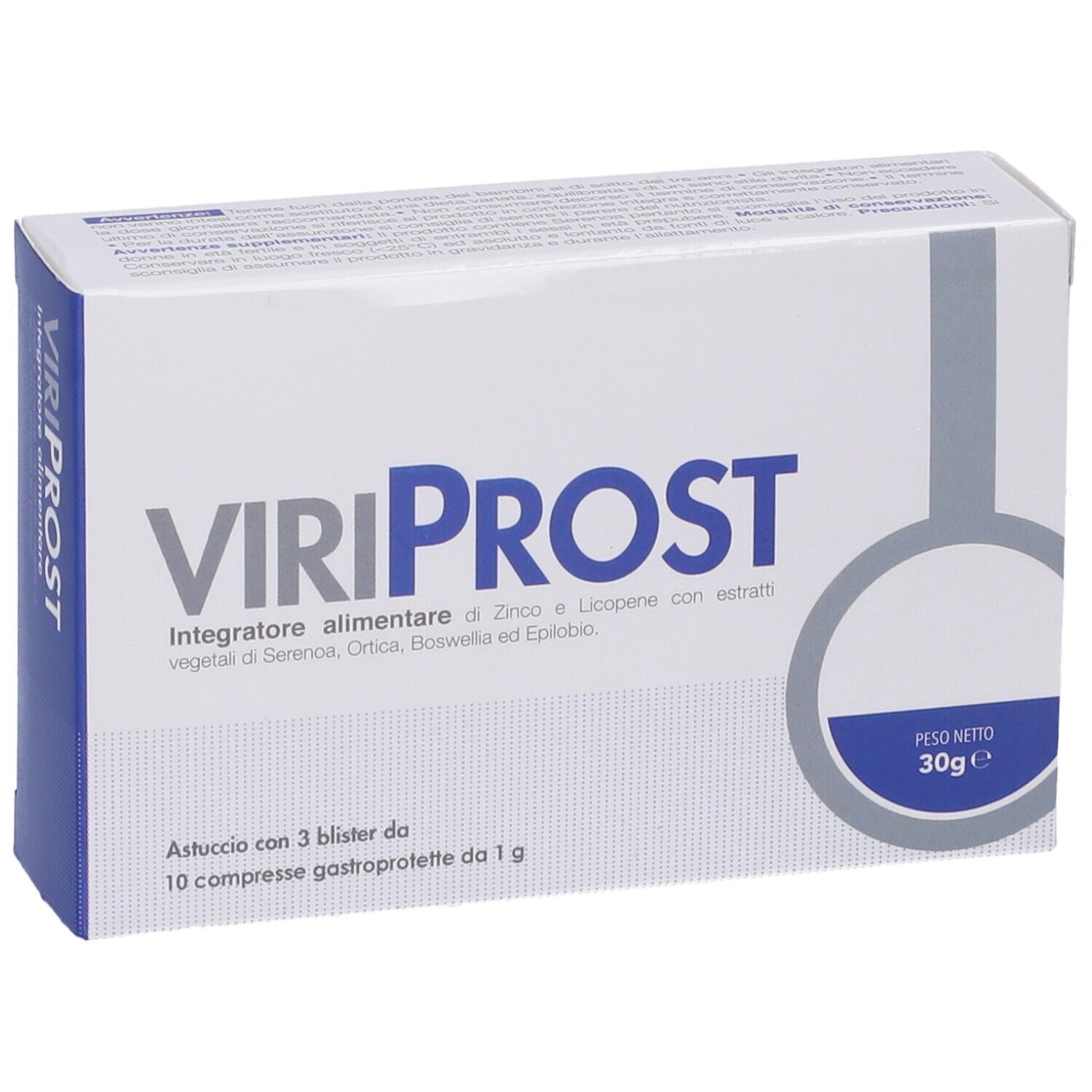 Confezione ViriProst. Scatola bianca con logo e testo blu. Contiene 3 blister da 10 compresse.
