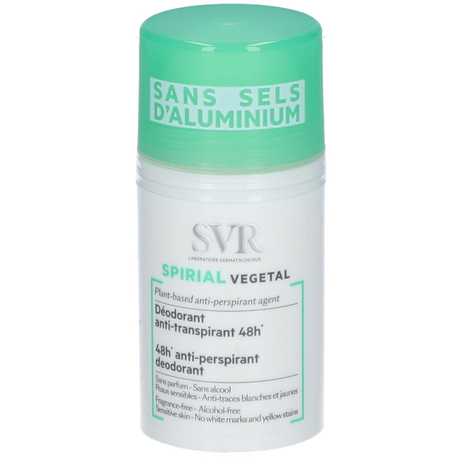 Roll-on deodorante bianco con tappo verde. Scritta: SANS SELS D'ALUMINIUM. SVR Spirial Végétal, Deodorante 48h.