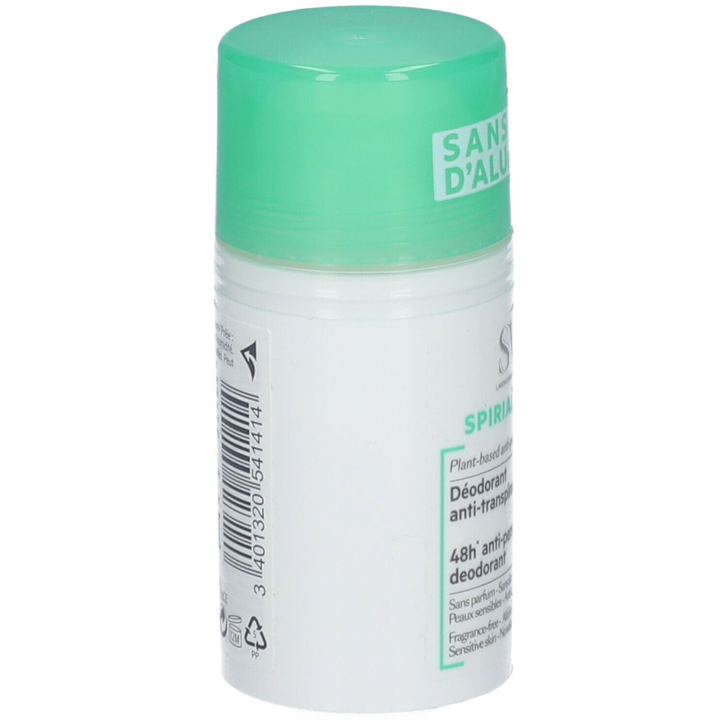 Roll-on deodorante bianco con tappo verde. Scritta: SANS SELS D'ALUMINIUM. SVR Spirial Végétal, Deodorante 48h.