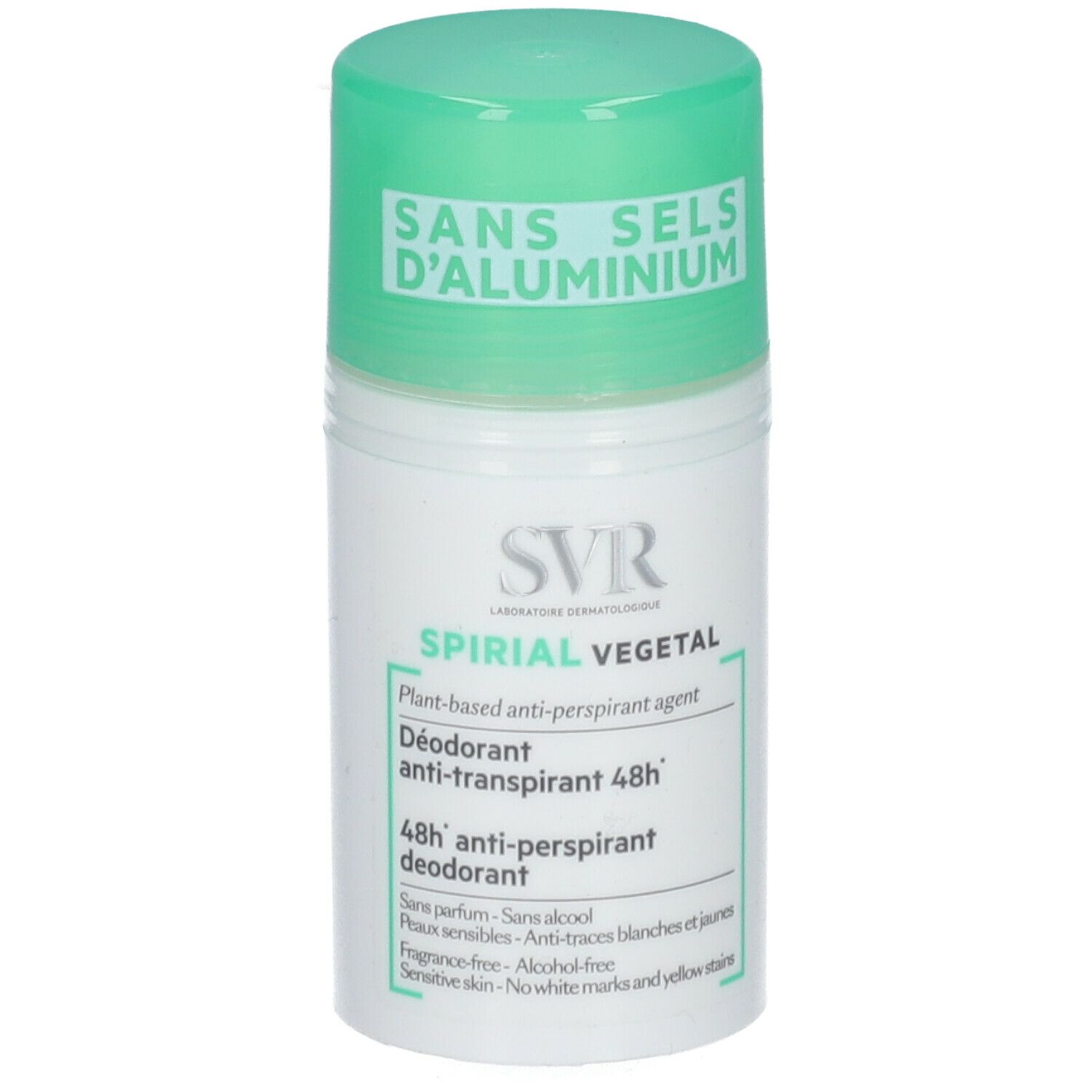 Roll-on deodorante bianco con tappo verde. Scritta: SANS SELS D'ALUMINIUM. SVR Spirial Végétal, Deodorante 48h.