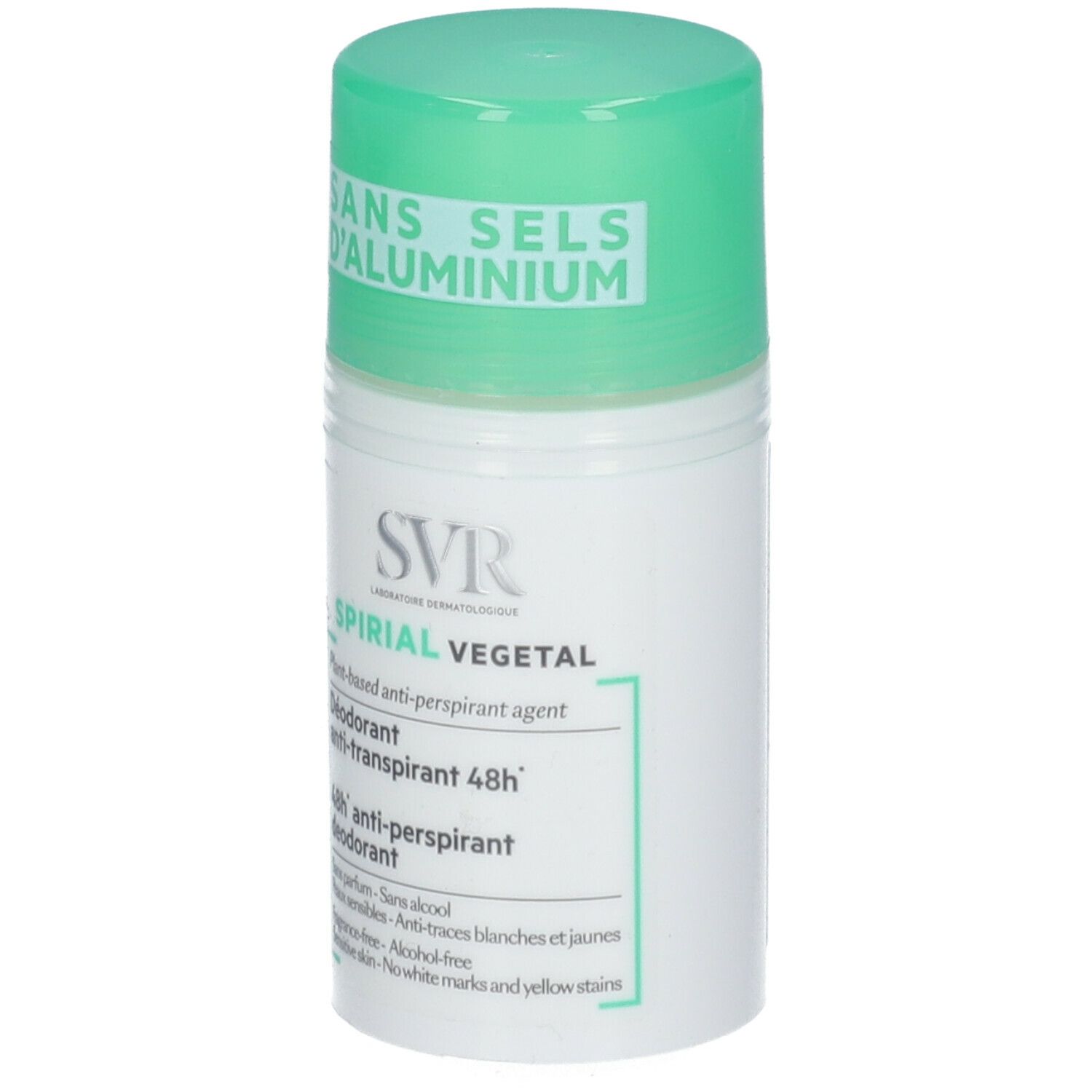 Roll-on deodorante bianco con tappo verde. Scritta: SANS SELS D'ALUMINIUM. SVR Spirial Végétal, Deodorante 48h.