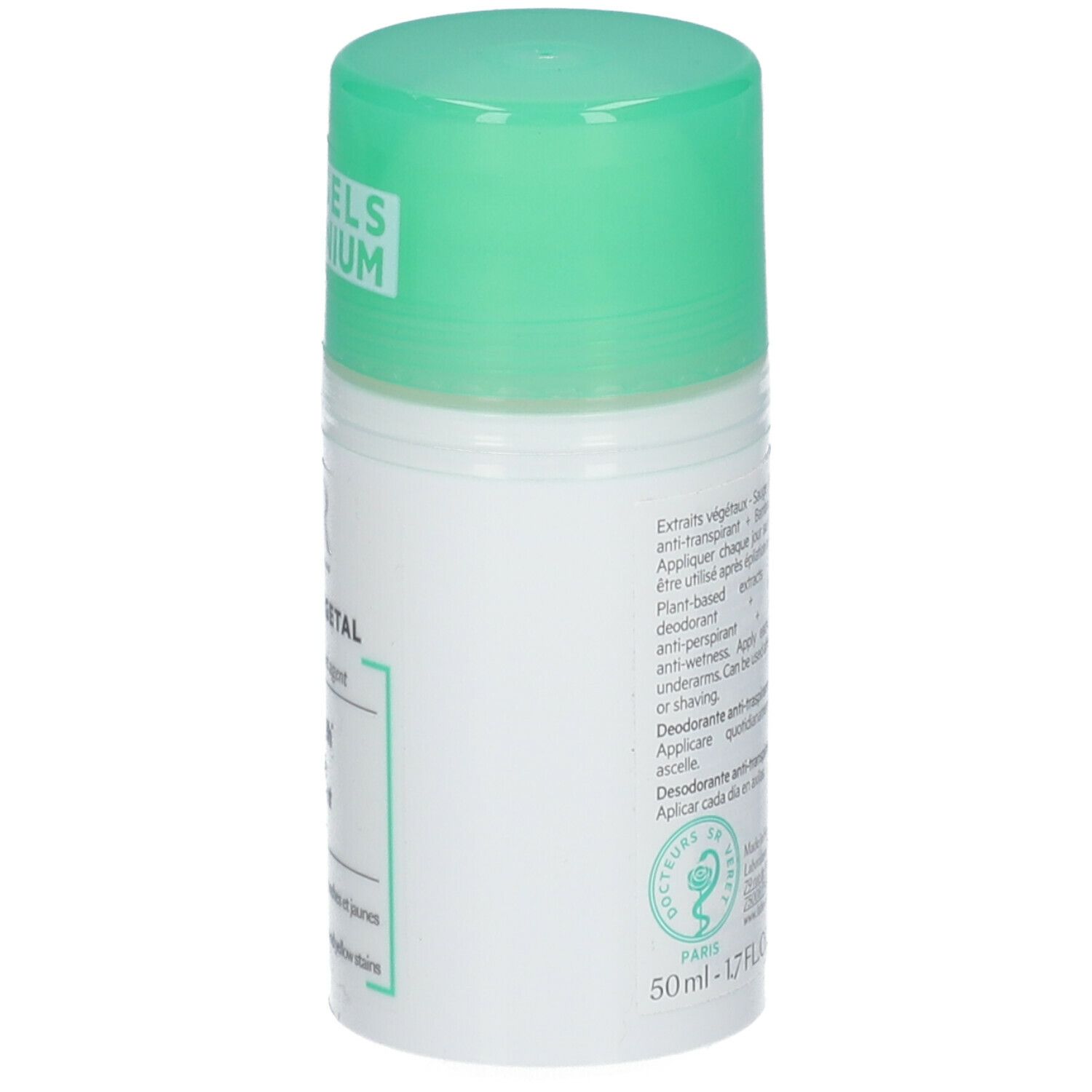 Roll-on deodorante bianco con tappo verde. Scritta: SANS SELS D'ALUMINIUM. SVR Spirial Végétal, Deodorante 48h.