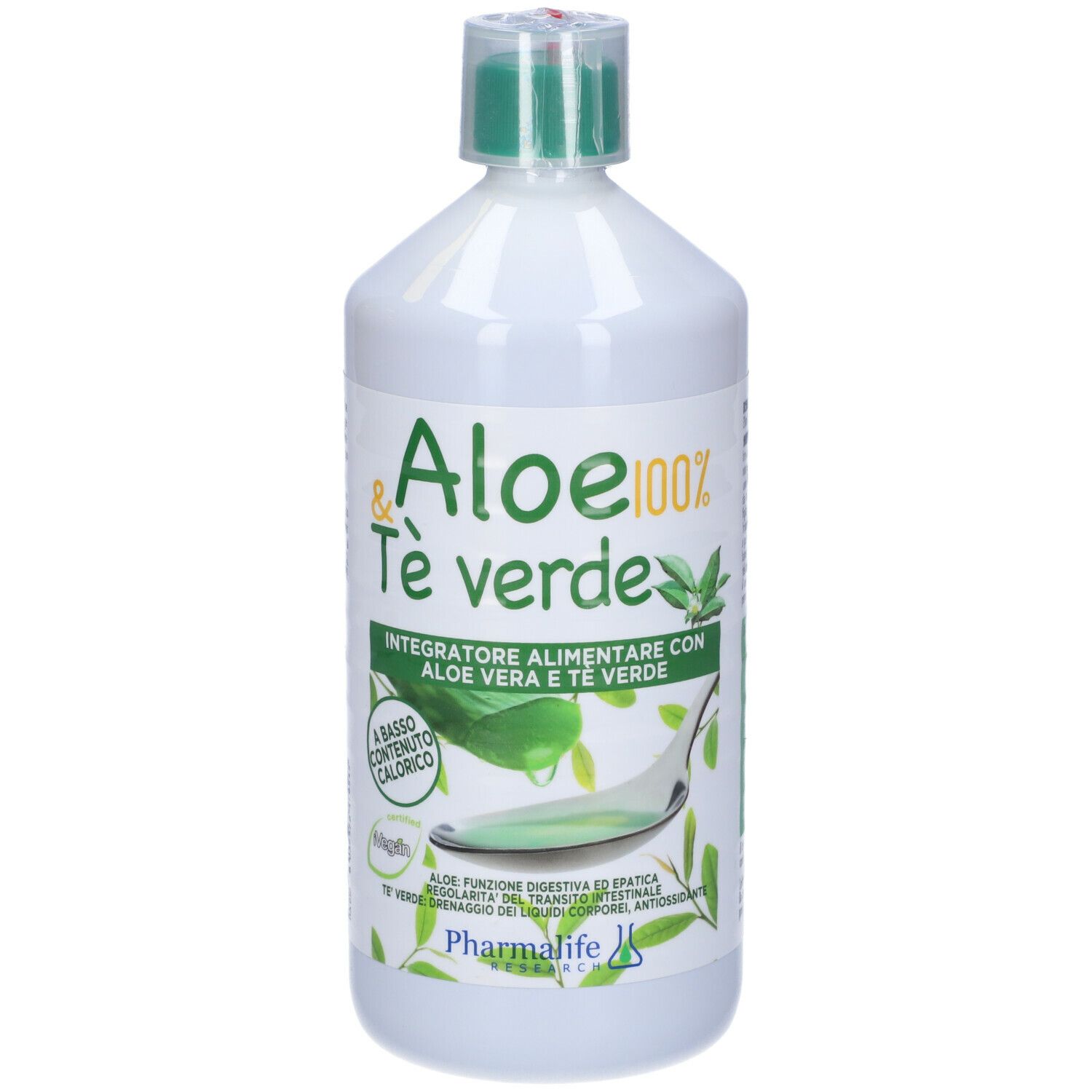 Bottiglia bianca con tappo verde. Scritta: Aloe 100% & Tè verde. Integratore alimentare con Aloe vera e Tè verde.