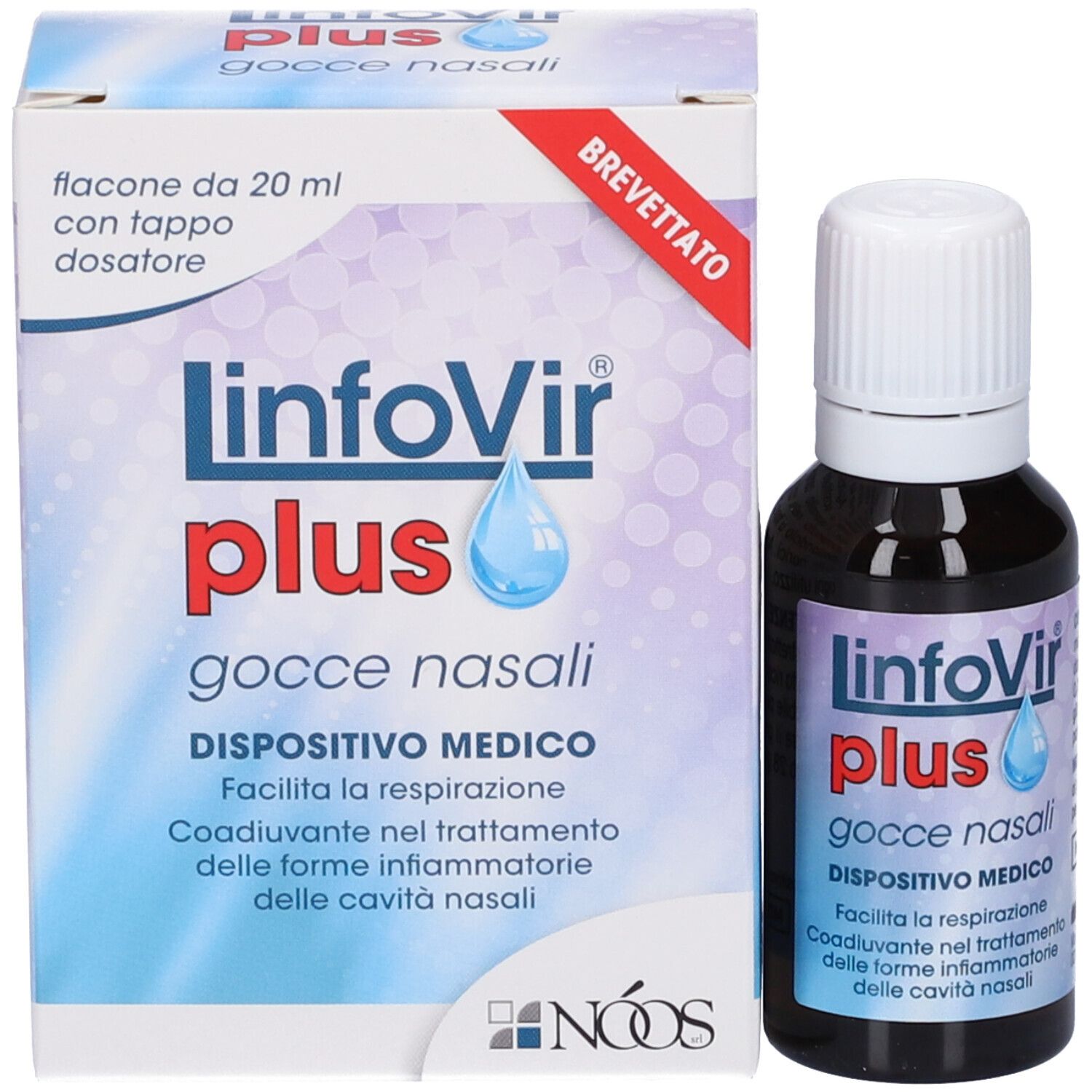 Confezione e flacone. Scritta: LinfoVir plus Gocce Nasali. Dispositivo medico. Con tappo dosatore.