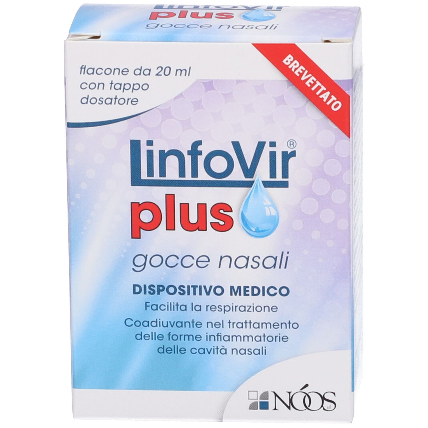 Confezione del prodotto. Scritta: LinfoVir plus Gocce Nasali. Dispositivo medico. Con tappo dosatore.