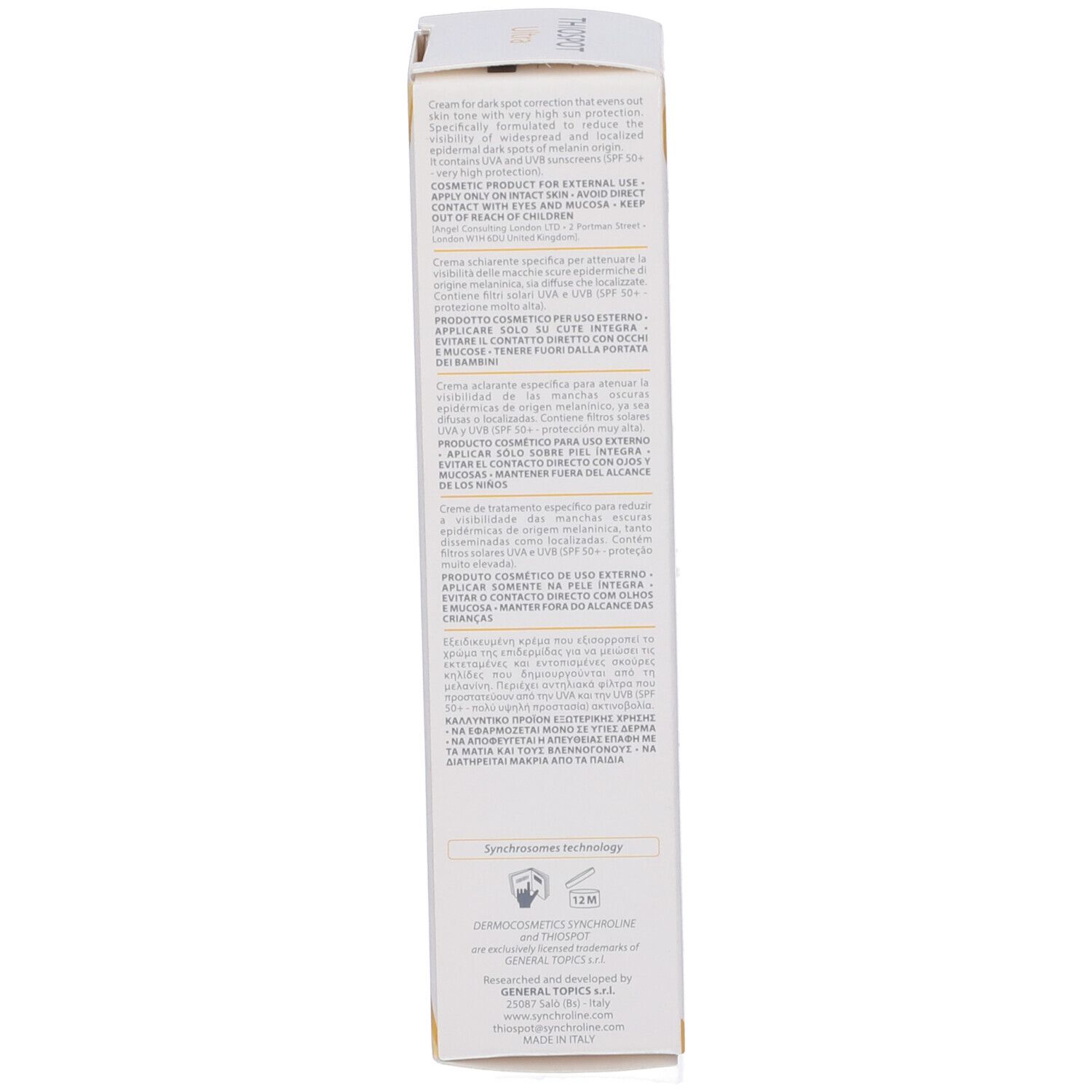 Confezione del prodotto. Retro della scatola bianca con testo multilingue. Contiene 30 ml.