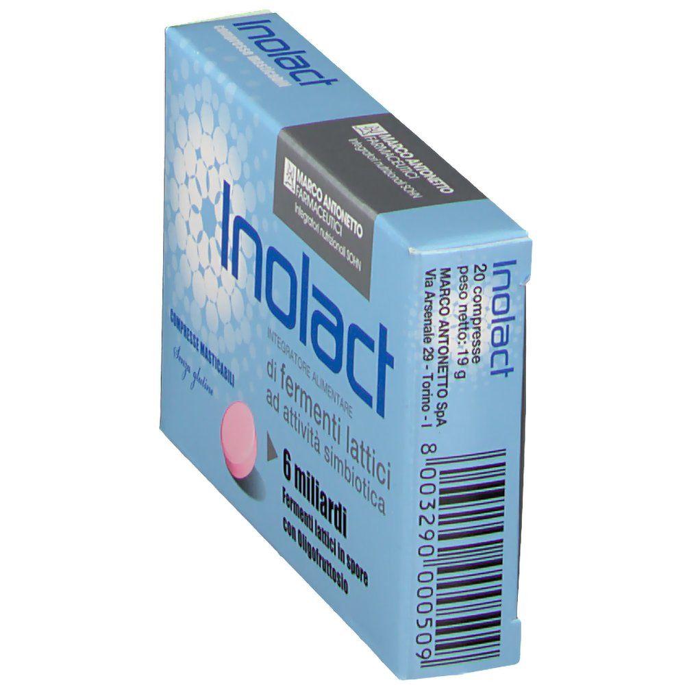 Scatola Inolact inclinata. Logo e testo: '6 miliardi', 'Compresse masticabili'.