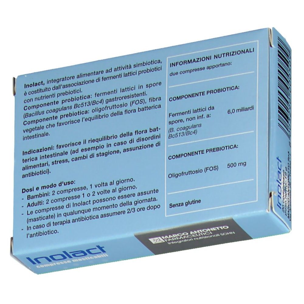 Retro della scatola Inolact. Testo: 'Informazioni nutrizionali', ingredienti e dosaggio.