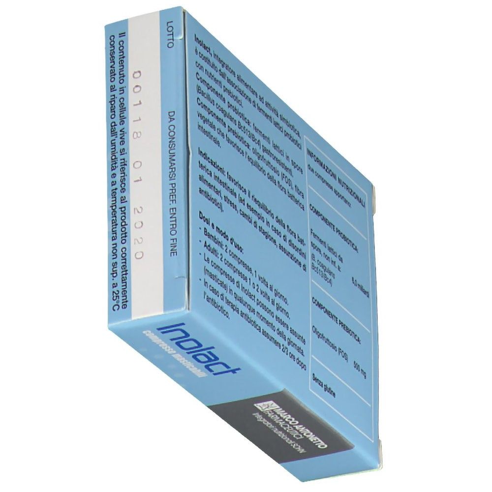 Scatola Inolact inclinata. Testo: 'Informazioni nutrizionali', ingredienti e dosaggio.