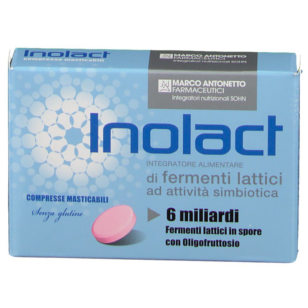 Scatola azzurra Inolact con compressa rosa. Testo: 'Compresse masticabili' e '6 miliardi'.