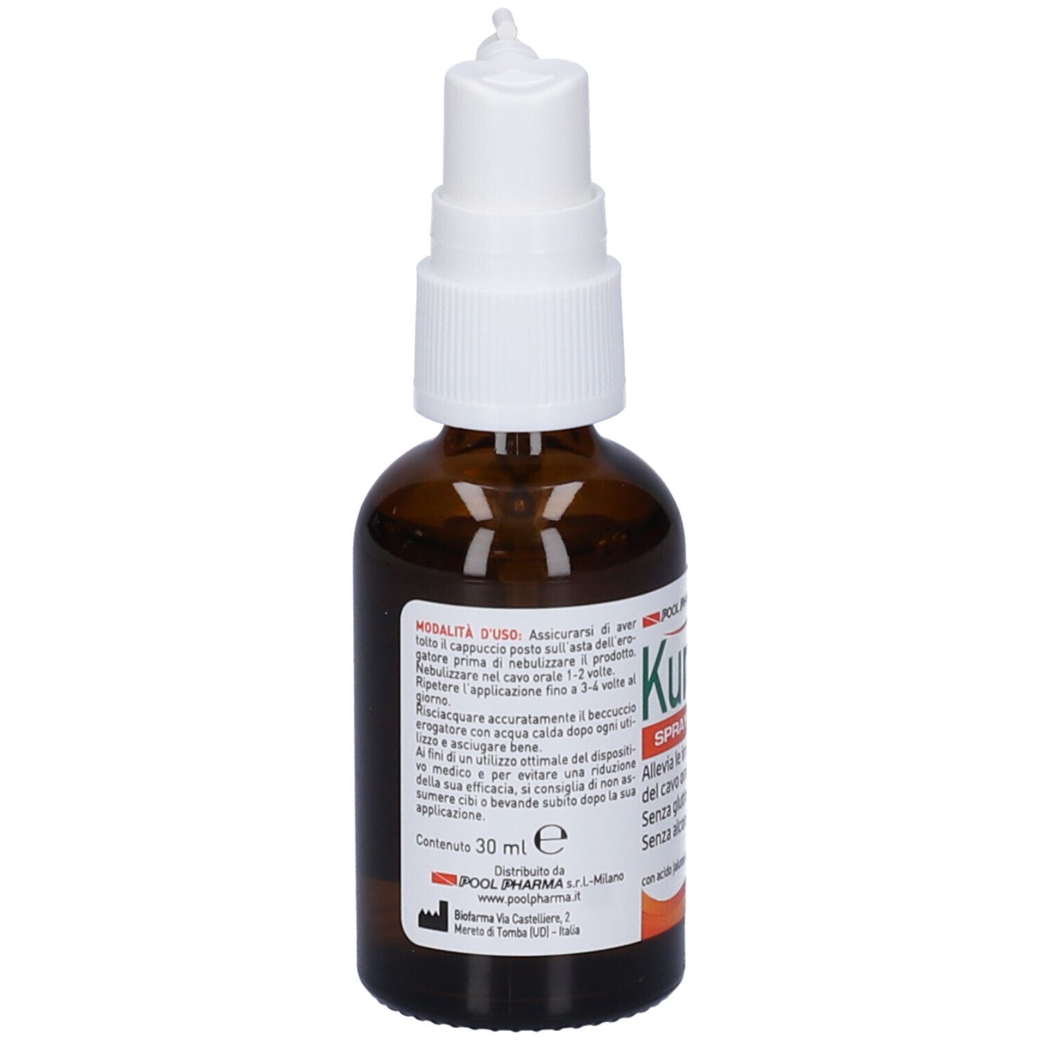 Flacone di vetro marrone con nebulizzatore bianco. Testo: Kuraflu Spray Gola. Con informazioni e istruzioni.