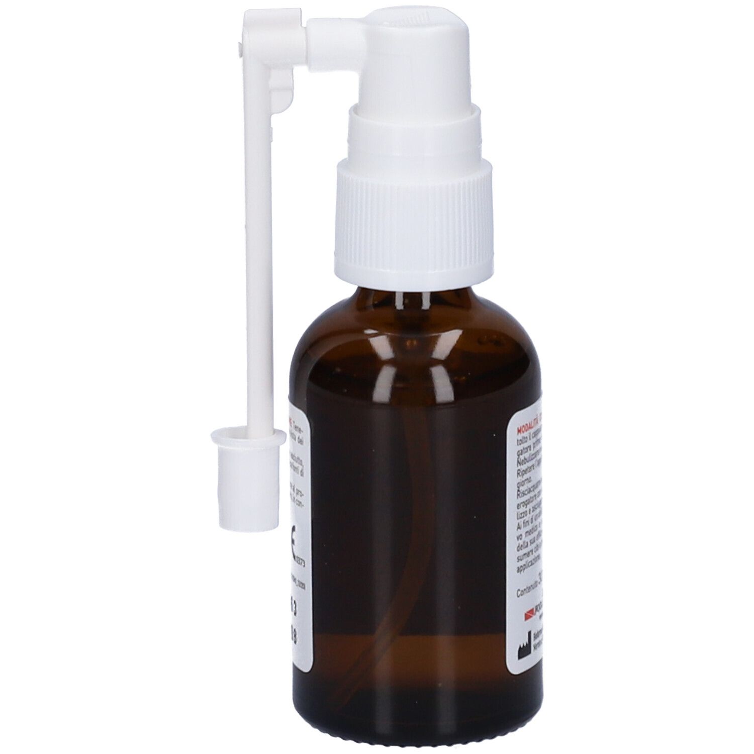 Flacone di vetro marrone con nebulizzatore bianco e applicatore. Retro con testo. Nome prodotto illeggibile.