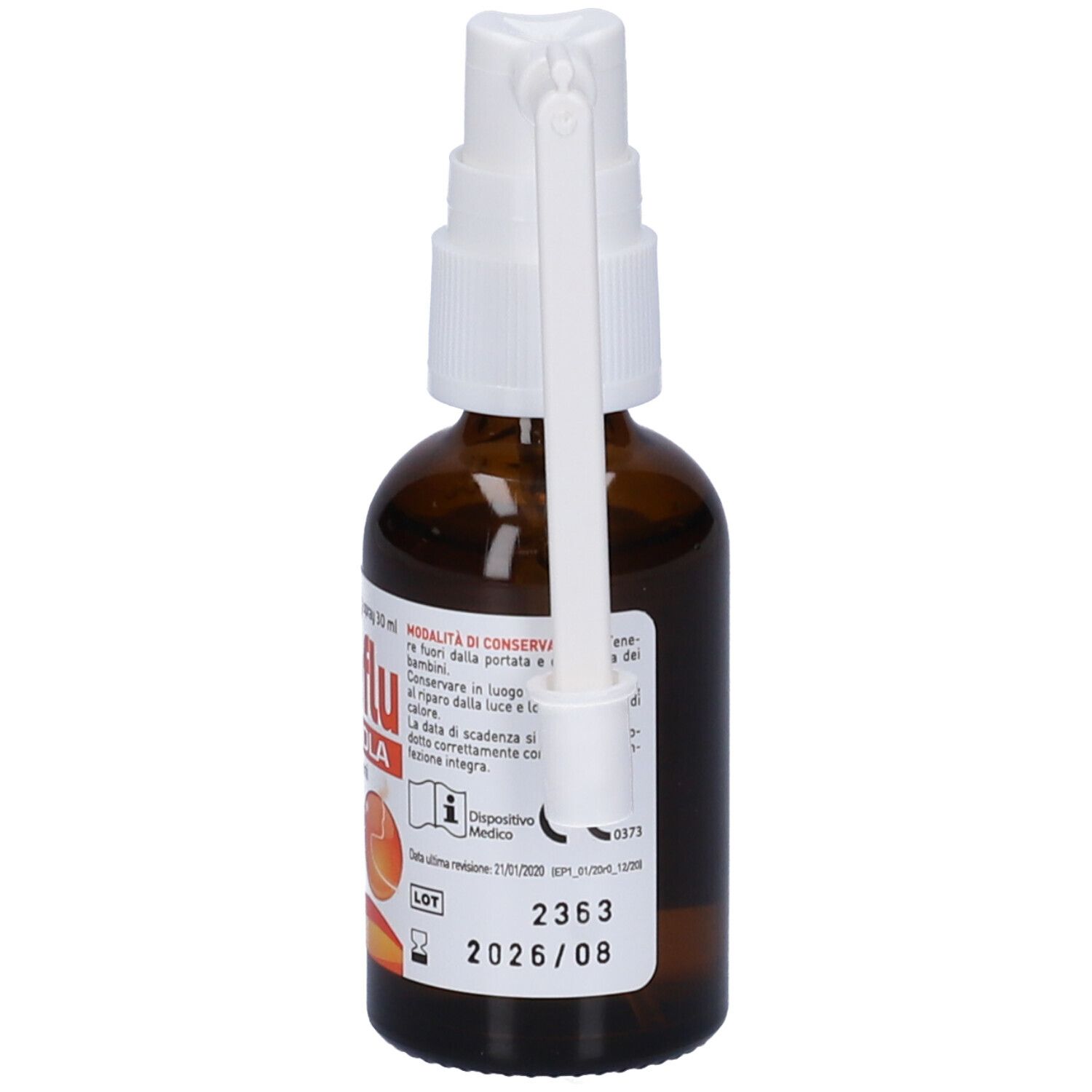 Flacone di vetro marrone con nebulizzatore bianco e applicatore. Retro con testo e numero di lotto.
