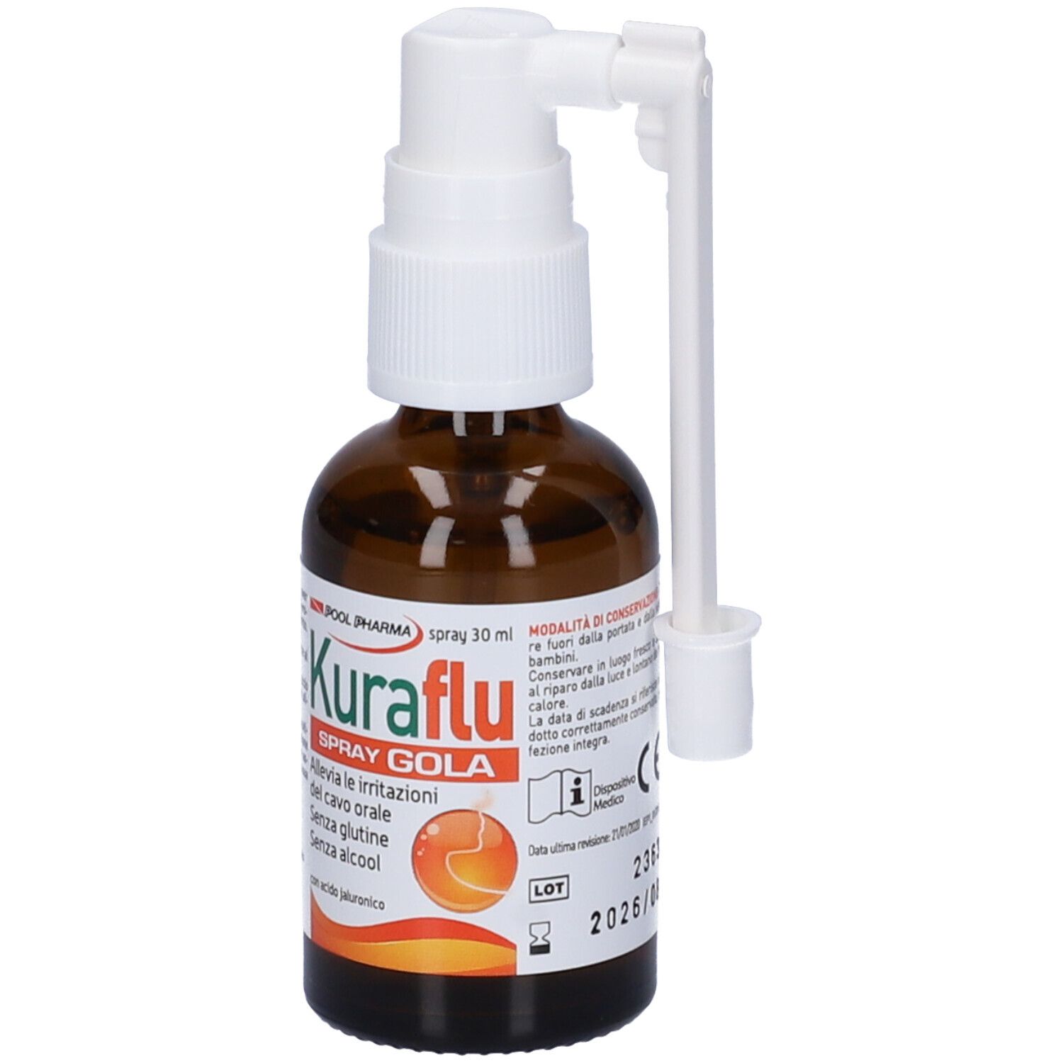 Flacone di vetro marrone con nebulizzatore bianco e applicatore. Scritta: Kuraflu Spray Gola. Con informazioni.