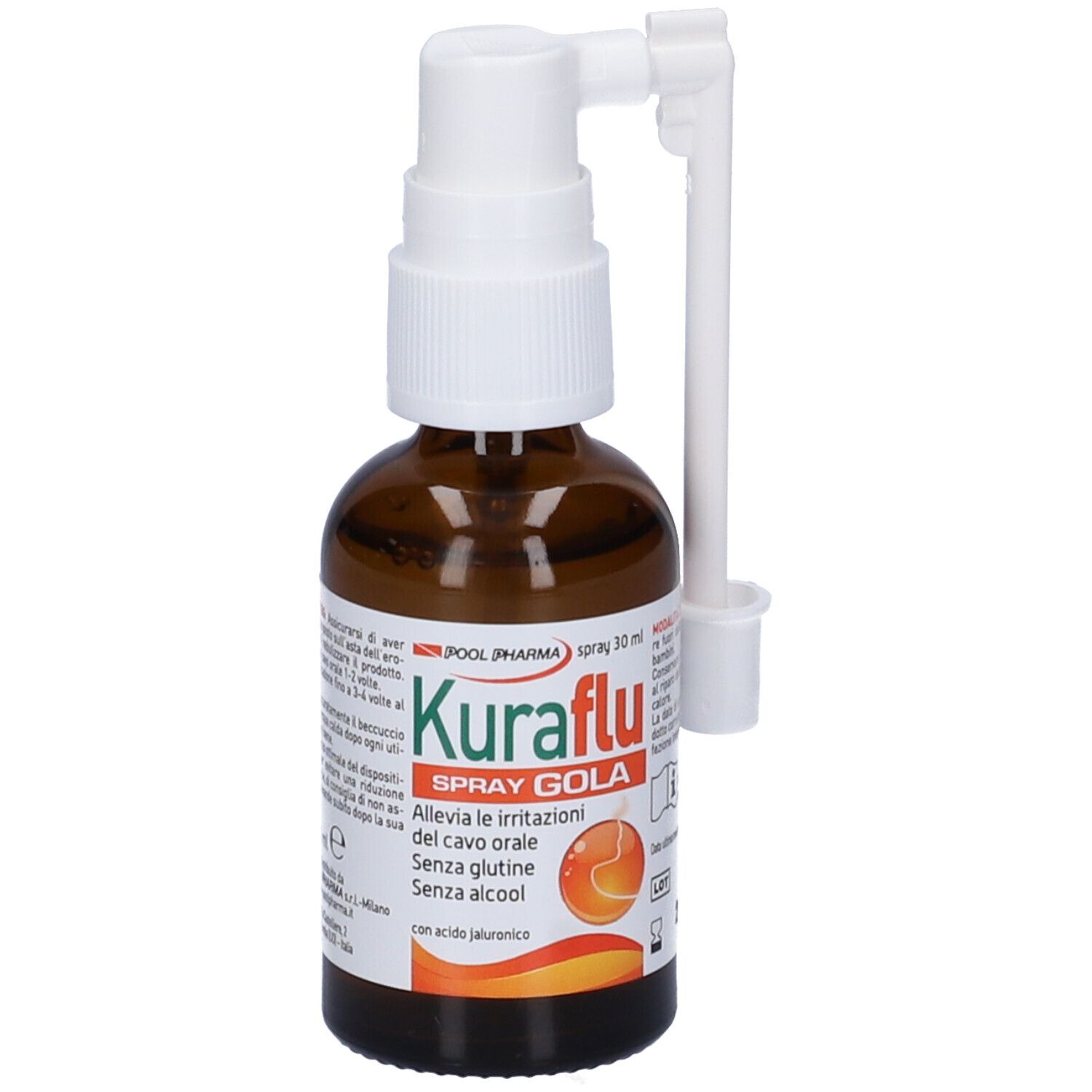Flacone di vetro marrone con nebulizzatore bianco e applicatore. Scritta: Kuraflu Spray Gola. Con informazioni.