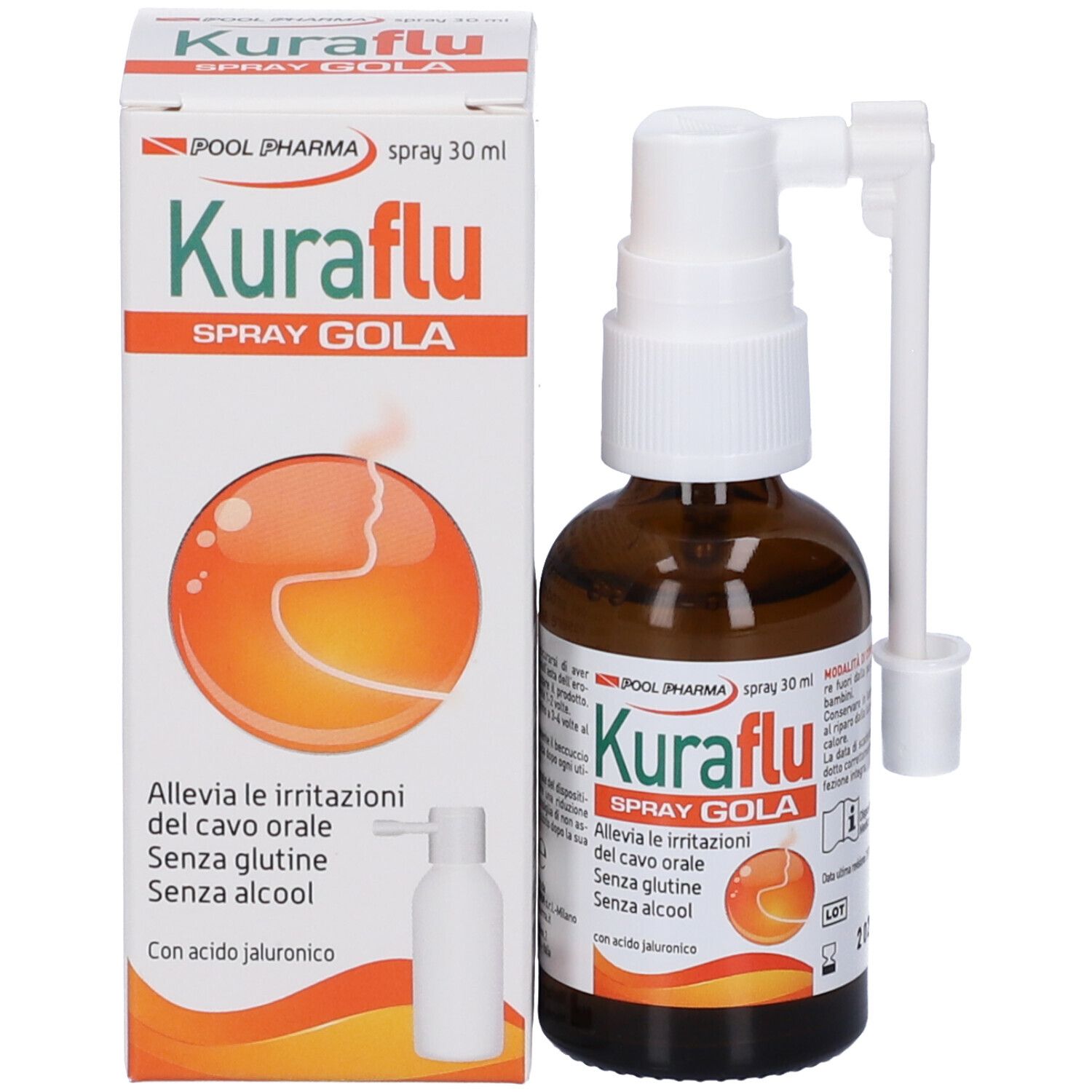 Prodotto Kuraflu Spray Gola con confezione. Flacone marrone con nebulizzatore bianco e applicatore.