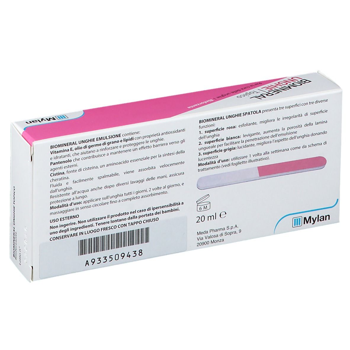 Retro scatola Biomineral Unghie Topico. Informazioni testuali e indicazione volume 20 ml.