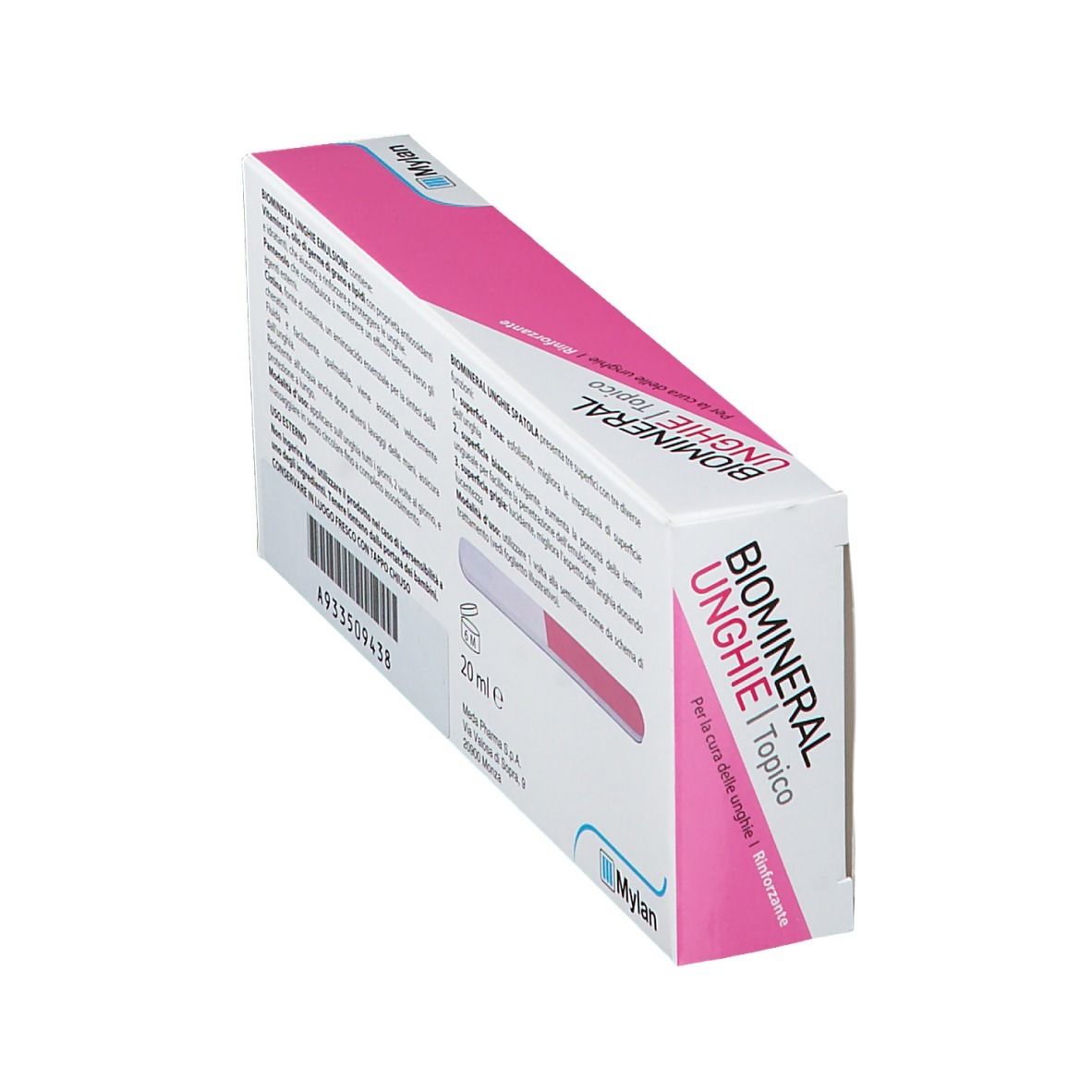 Scatola Biomineral Unghie Topico, angolata. Informazioni testuali e volume 20 ml.