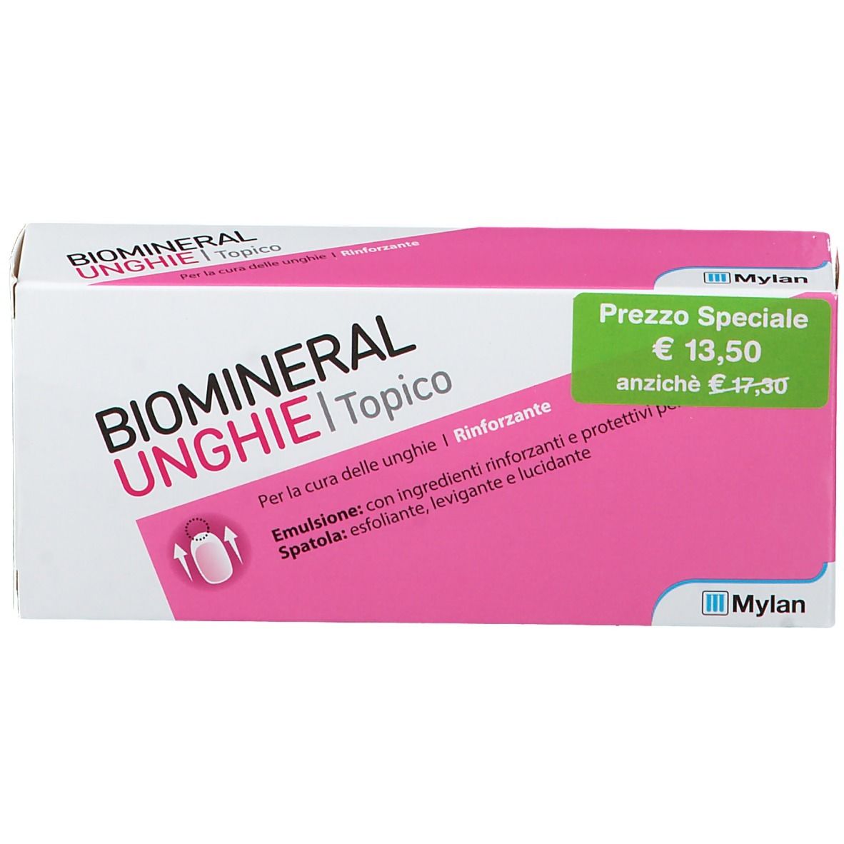 Scatola Biomineral Unghie Topico. Confezione rosa e bianca con indicazione del prezzo.