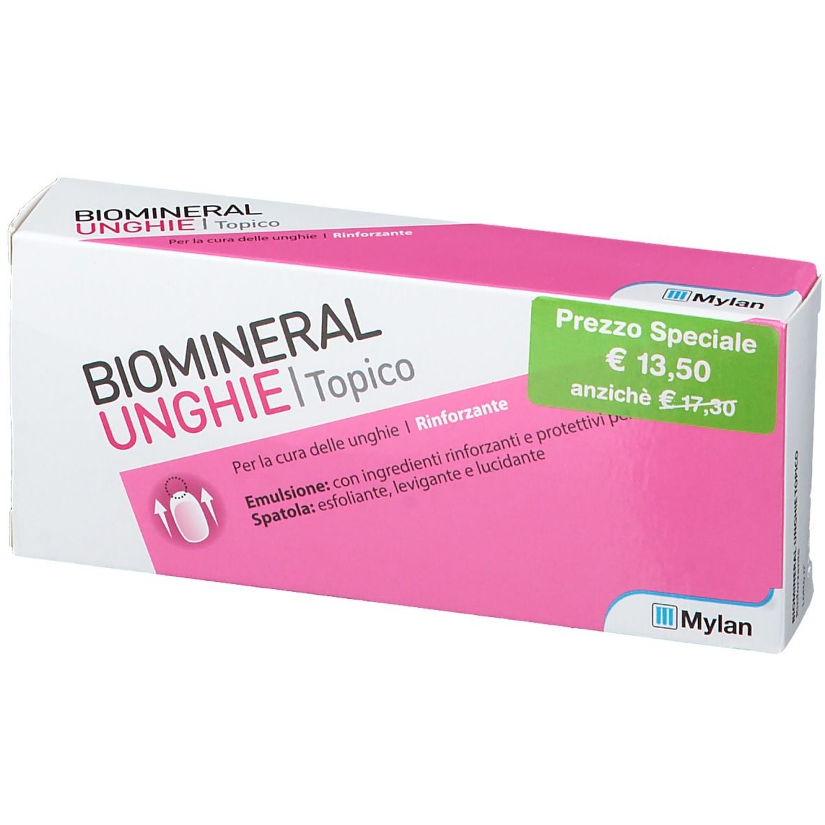 Scatola Biomineral Unghie Topico. Confezione rosa e bianca con indicazione del prezzo.