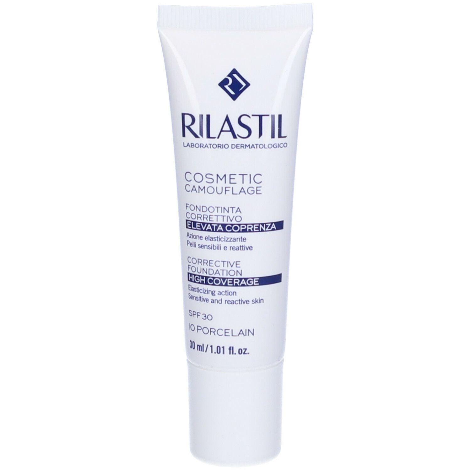 Tubo fondotinta Rilastil Camouflage. Bianco, testo blu. Alta coprenza. 30 ml. SPF 30.