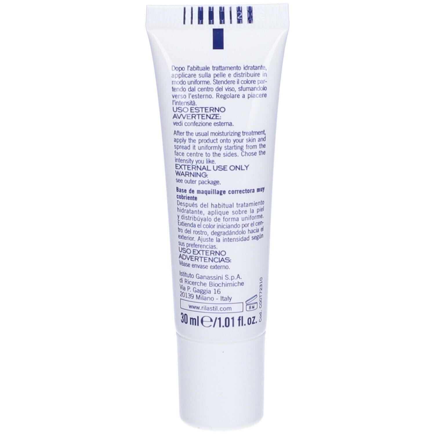 Retro del tubo fondotinta Rilastil Camouflage. Testo multilingue. 30 ml.