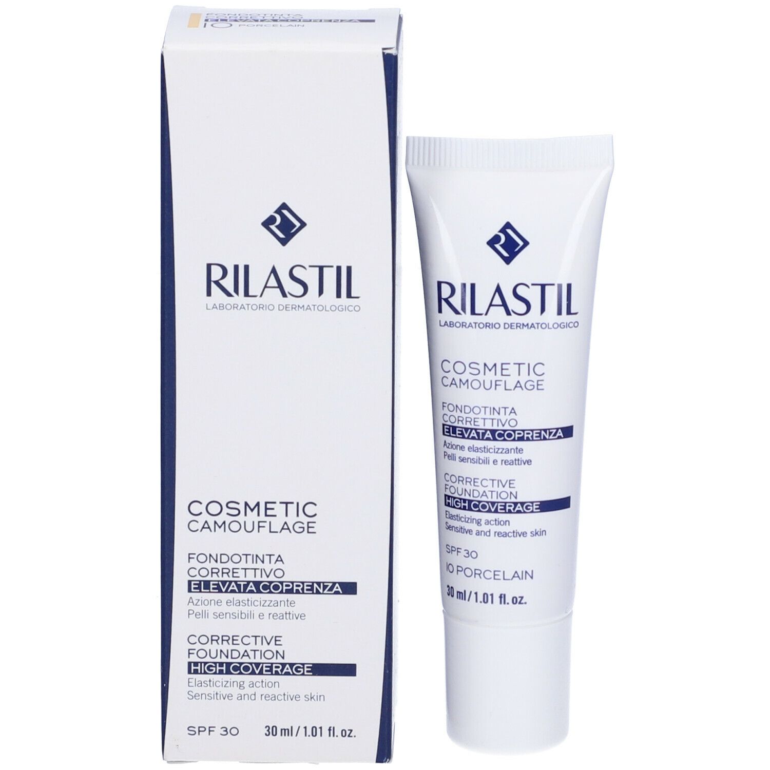Tubo e scatola fondotinta Rilastil Camouflage. Bianco, testo blu. Alta coprenza. 30 ml. SPF 30.