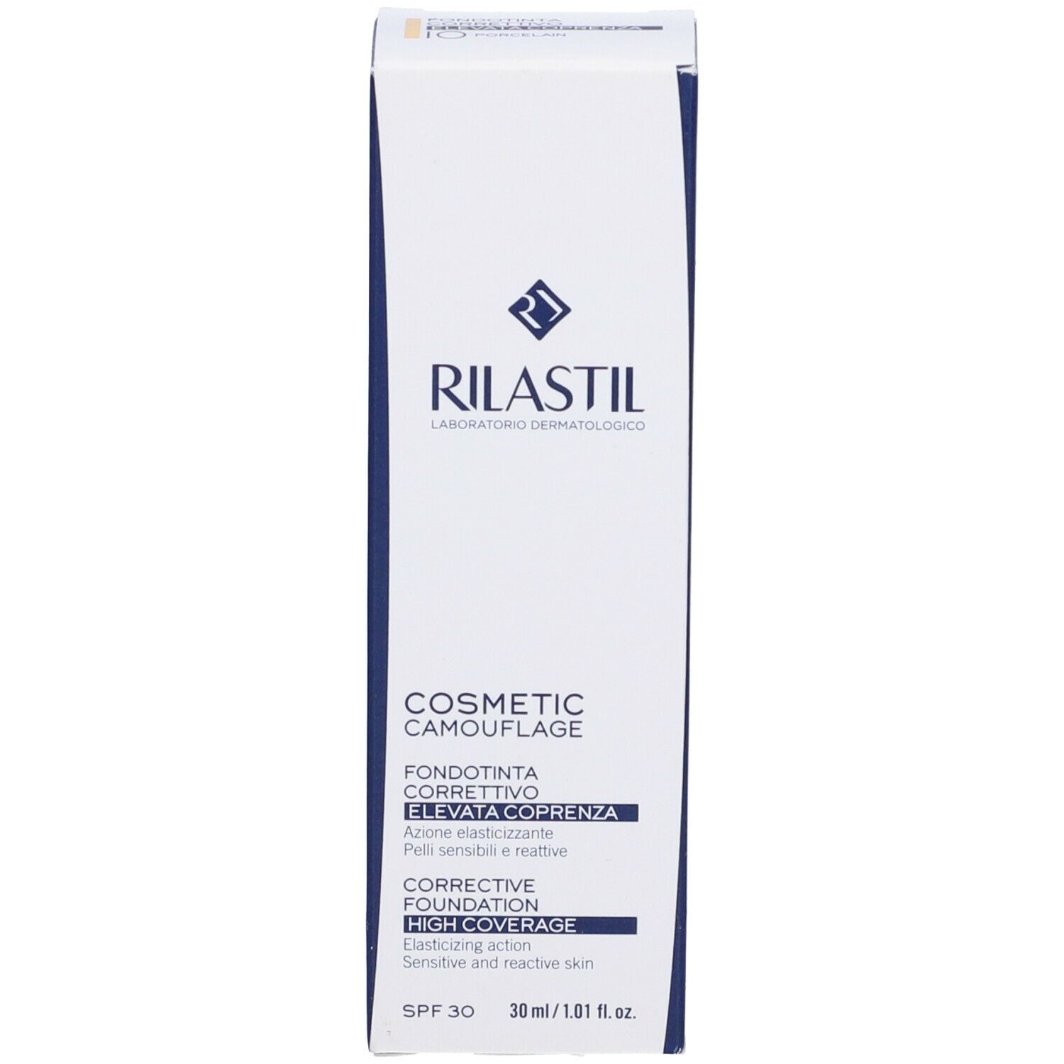 Scatola fondotinta Rilastil Camouflage. Bianco, testo blu. Alta coprenza. 30 ml. SPF 30.