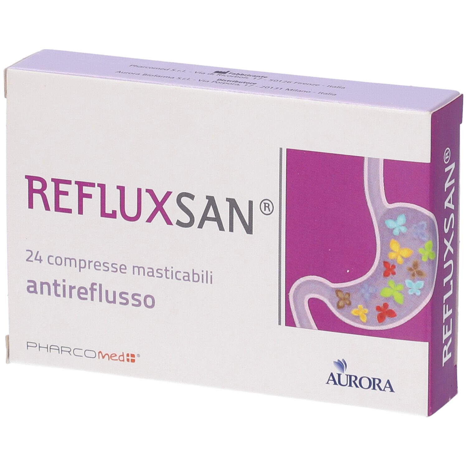 Scatola Refluxsan®. 24 compresse masticabili. Illustrazione stomaco. Aurora Biofarma.