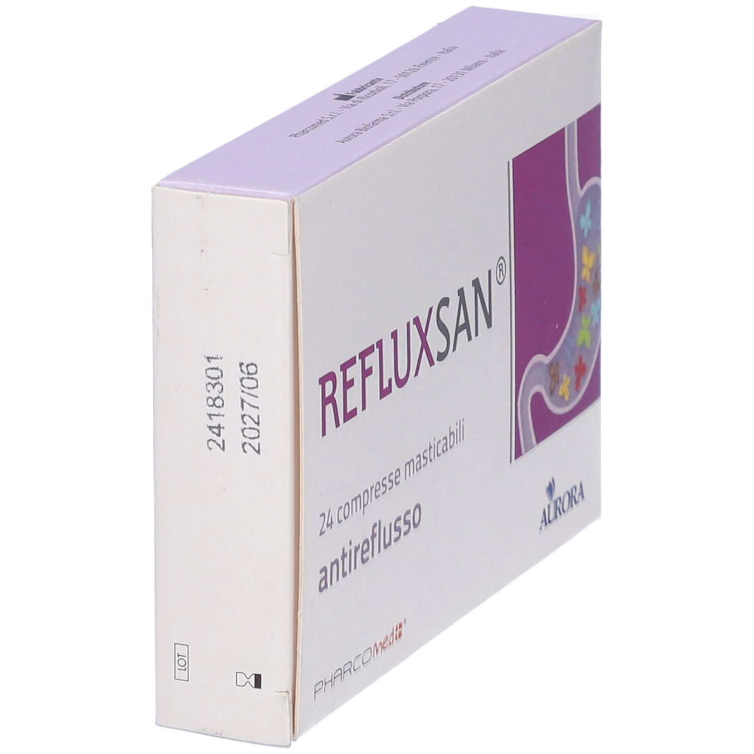 Scatola Refluxsan®. Lato viola. 24 compresse. Aurora Biofarma.