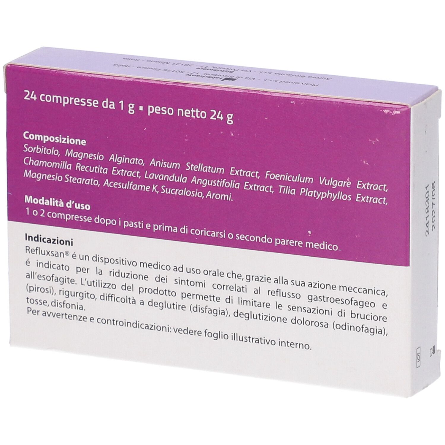 Retro scatola Refluxsan®. Testo: 24 compresse, ingredienti, modalità d'uso.